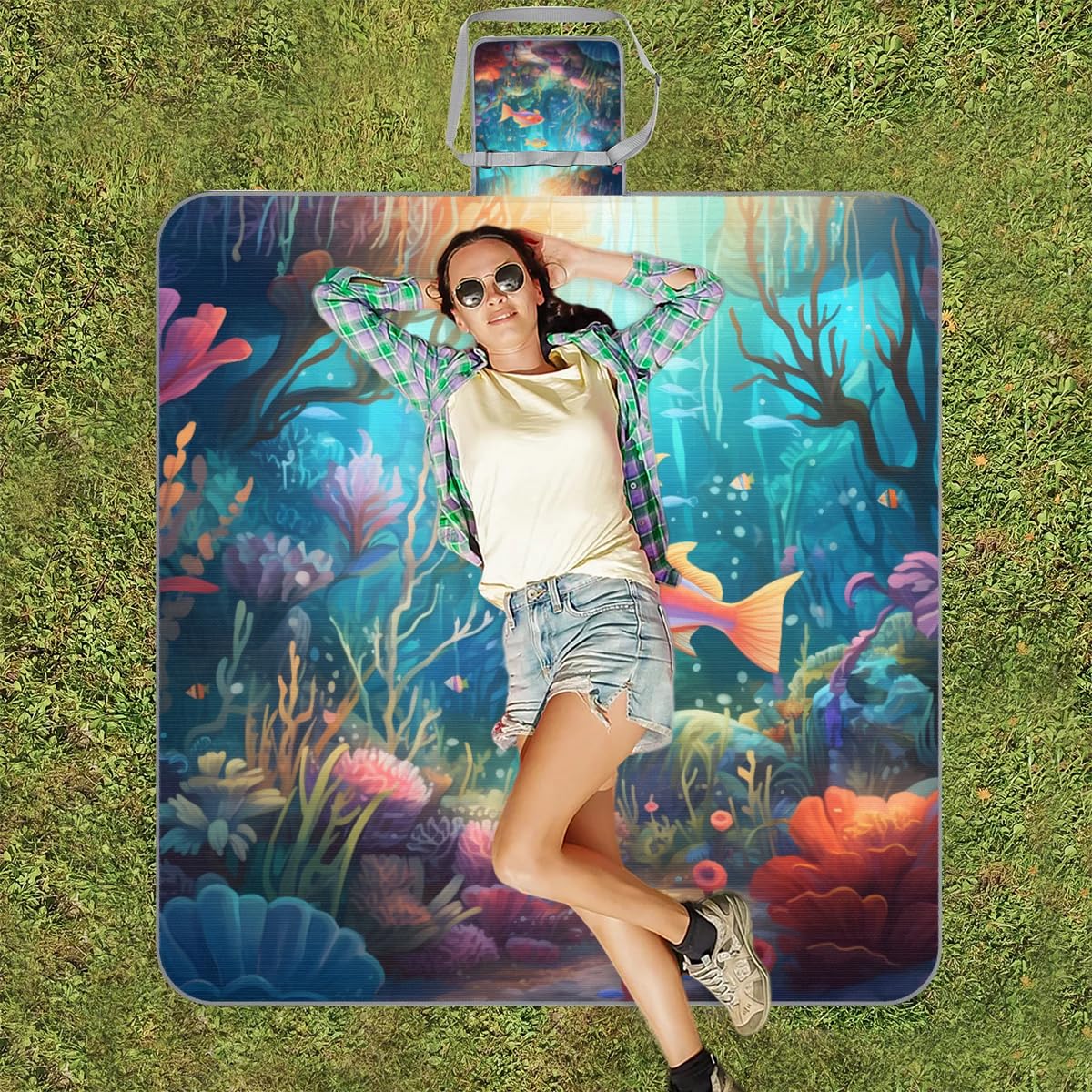 Manta de picnic de 150 x 145 cm, manta de playa plegable para exteriores, impermeable, para playa, camping, senderismo, picnic