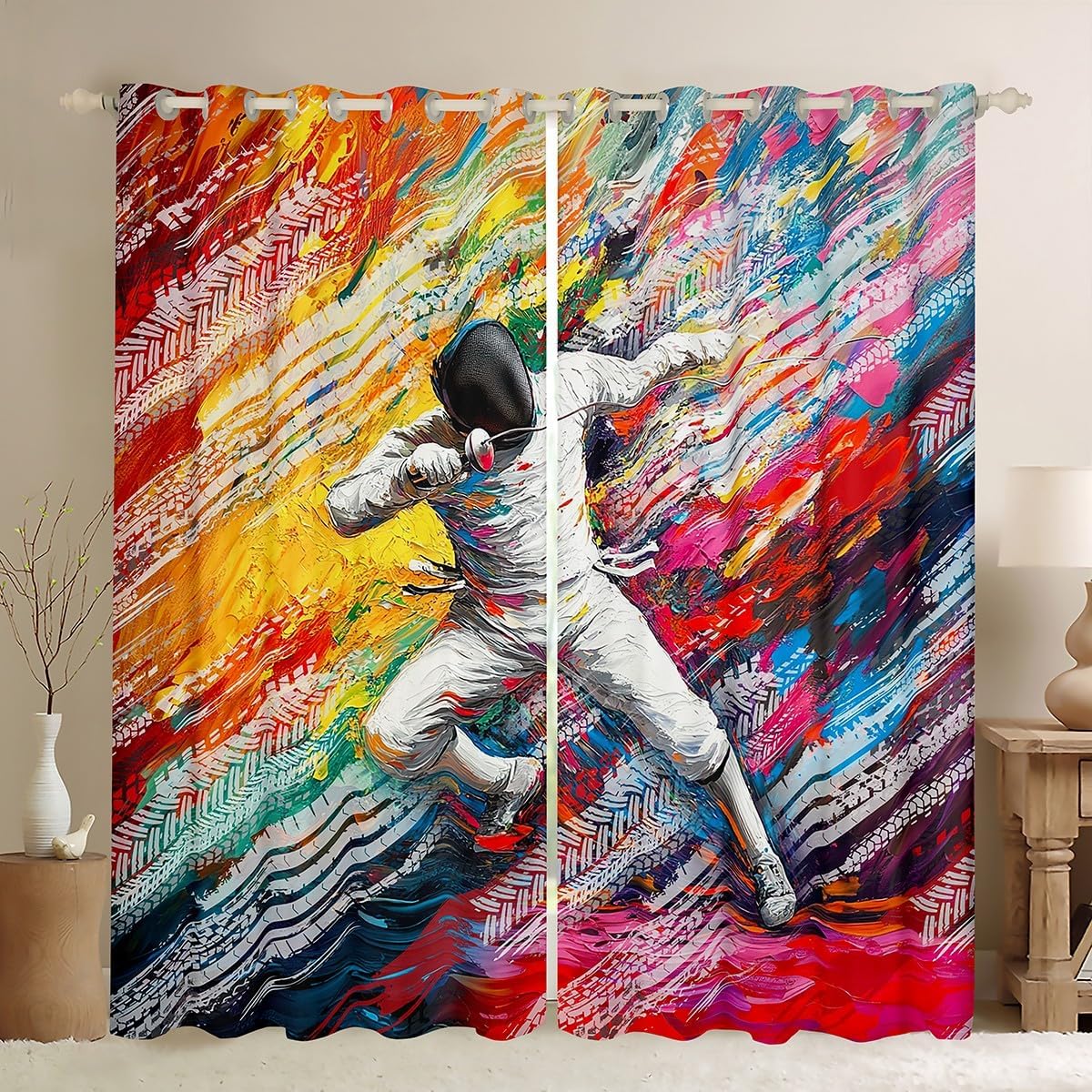 Castle Fairy Fencing Curtains for Living Room,Sports Game Athlete Window Drapes Bedroom Blackout 30%-50%,Sporting Hippie Graffiti Chic Window Treatment Grommet Top 2 Panels Decor,38Wx45L