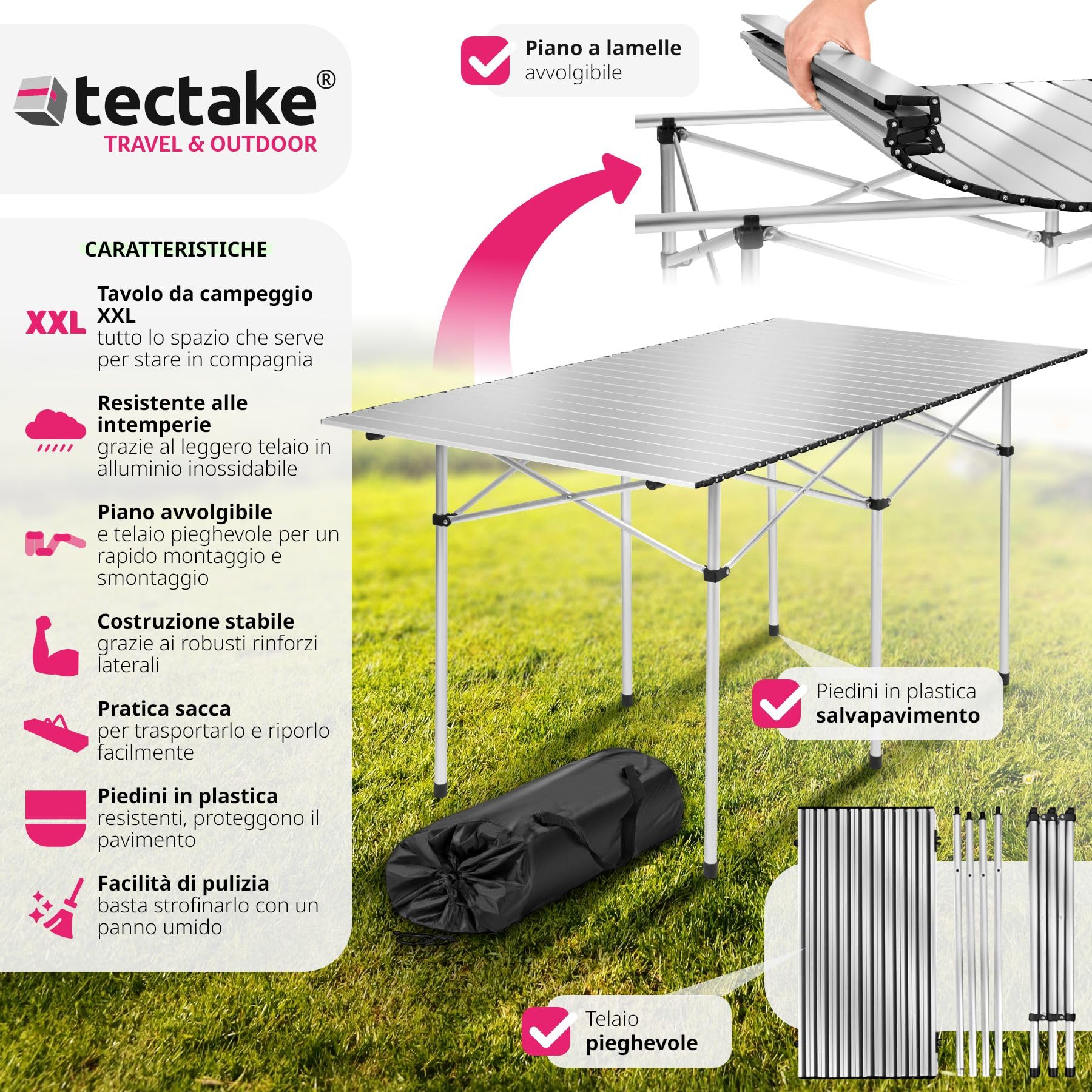tectake® Tavolo da Campeggio Pieghevole, Telaio in Alluminio, Tavolo Salvaspazio con Pratica Borsa da Trasporto, Resistente alle Intemperie, 140x70x70 cm - Grigio