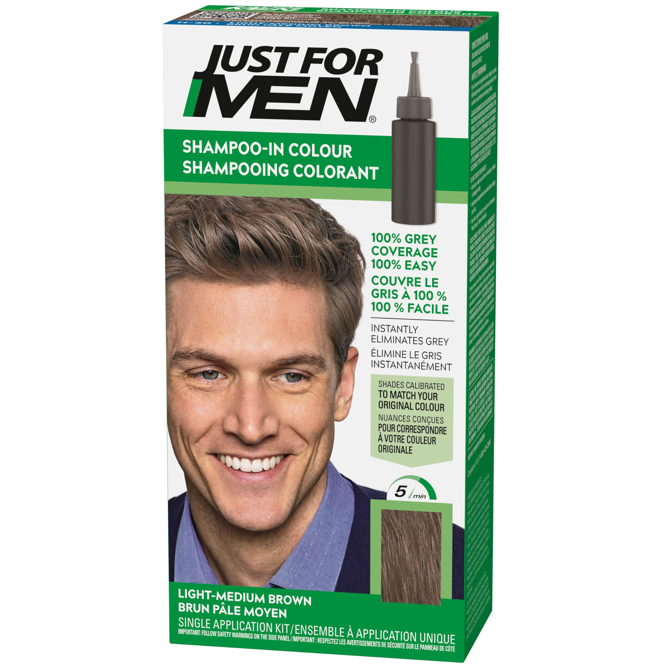 Just For Men Farba do włosów, średni jasnobrązowy, farba do włosów dla mężczyzn, zakrywa białe włosy i przywraca oryginalny kolor, aby uzyskać naturalny efekt, szybko i łatwo, H30