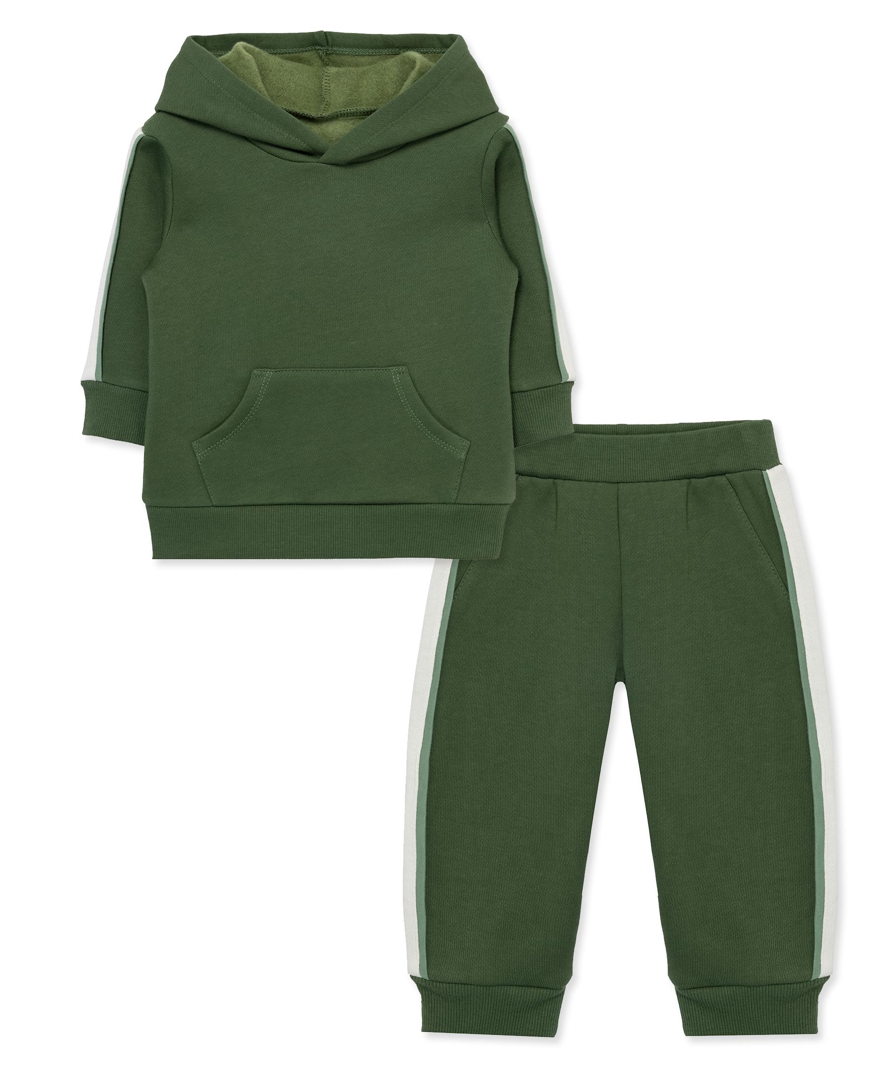 Little Me Simply Essential Solids Organic Cotton Blend Clothes for Baby Boys' Green Organic Cotton Fleece Sweatshirt and Pant Set, Bronze Green, 2 Toddler