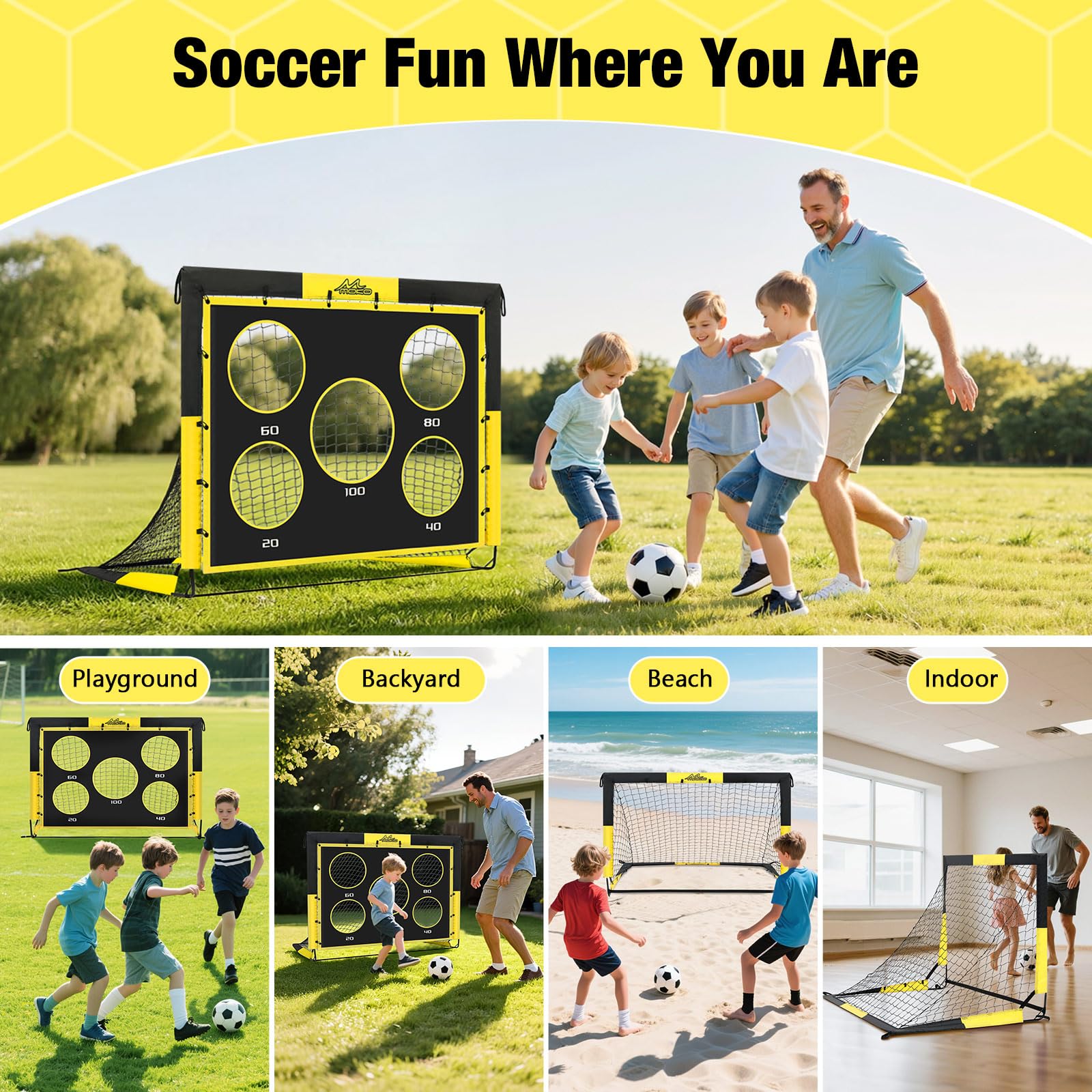 MoKo Portería de Fútbol para Jardín, 2 Paquete 5×4 FT Red de Portería Plegable con Panel de Blanco, Equipo Portátil de Entrenamiento de Fútbol para Niños, Juego de Deportes de Exterior, Negro+Amarillo