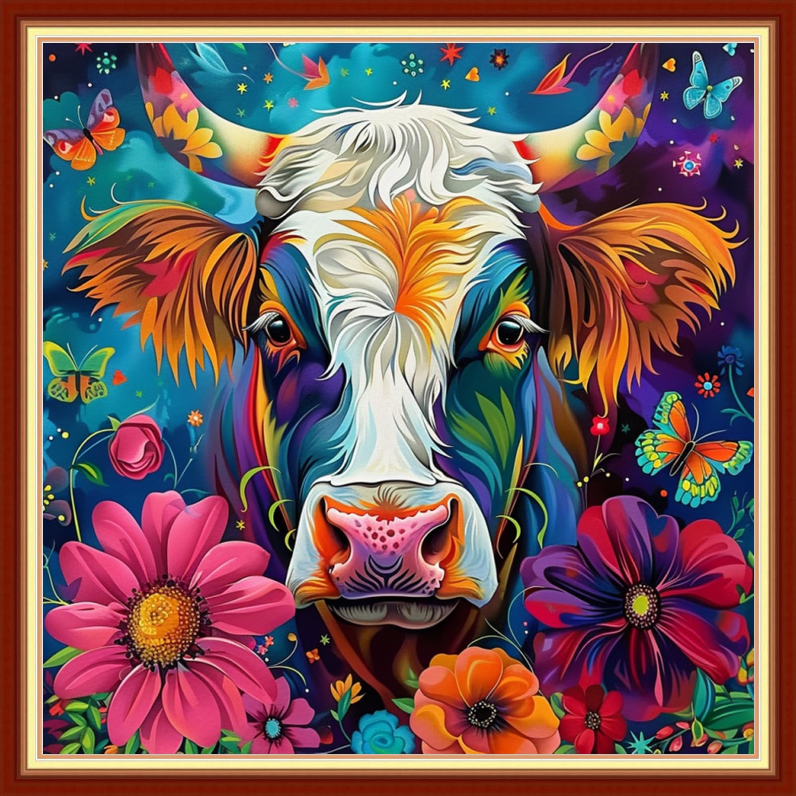 Joyhoor Stamped Cross Stitch Kits for Beginners Needlepoint Kits for Adults Embroidery Kits 11CT Counted Cross Stitch Kits Printed Embroidery Pattern-Colorful Flower Cow 18x18 inchs