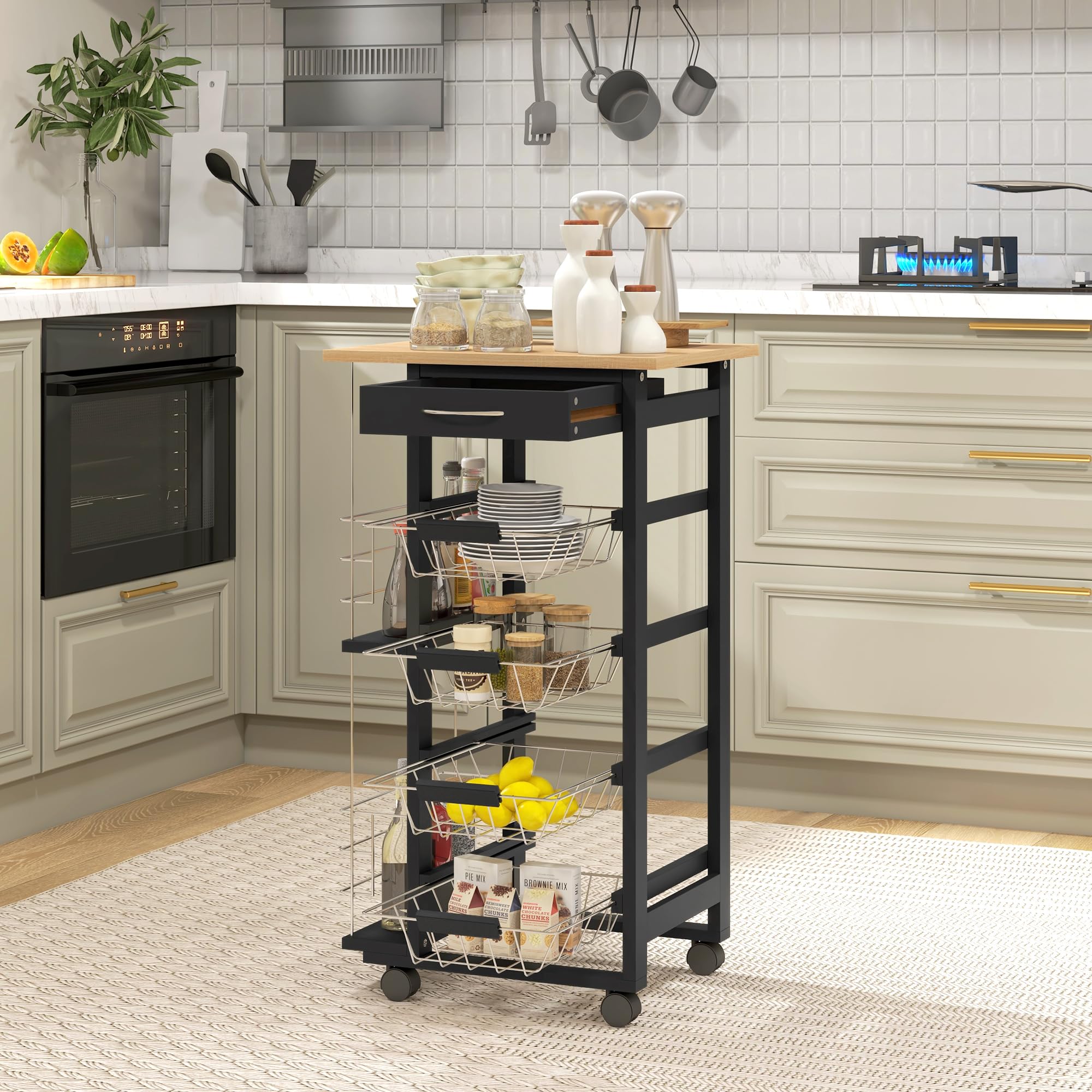 HOMCOM Carrello da cucina con ruote Carrello multiuso con cassettiera 4 cestini estraibili in metallo e cestelli laterali 47x37x83 cm Nero e legno naturale