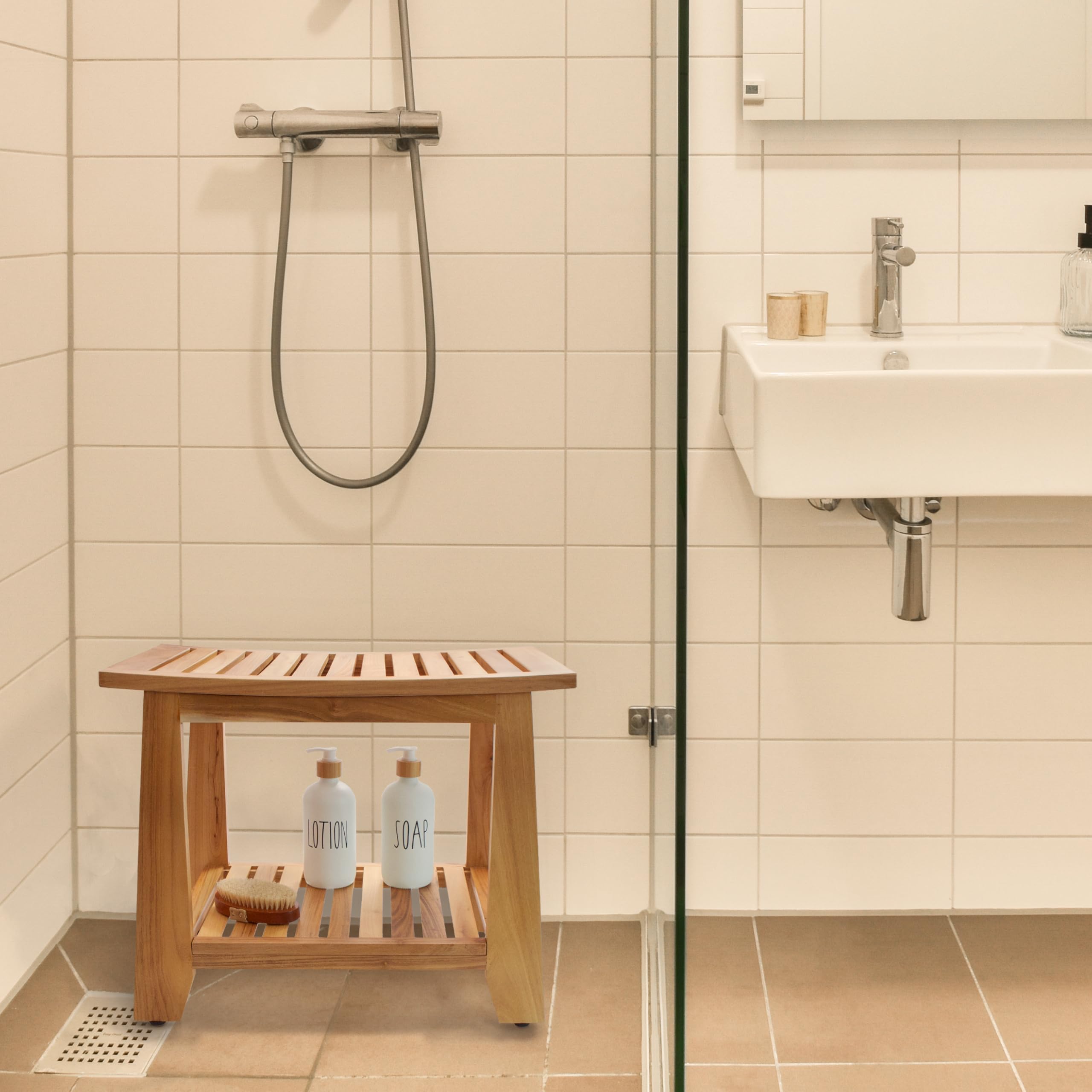Teak Shower Bench Stool, 21'' Waterproof Wood Spa Bath Bench with Storage Shelf, Non-Slip Solid Teak Shower Seat Chair for Bathroom Inside Shower and Outdoor Use