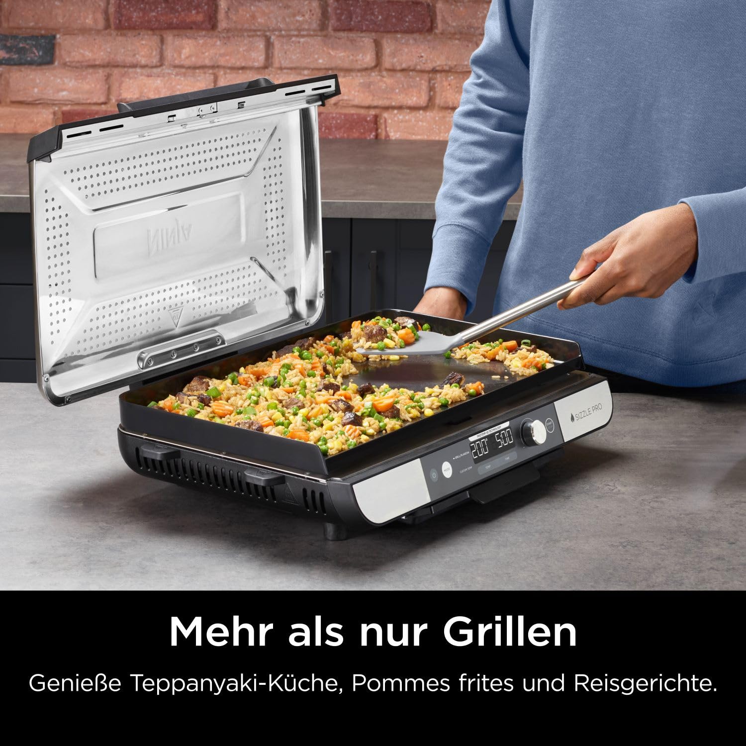 Ninja Sizzle Pro XL Indoor-Grill & Plancha GX101EU, Keramikbeschichtung, abnehmbarer Deckel, Silber/Schwarz