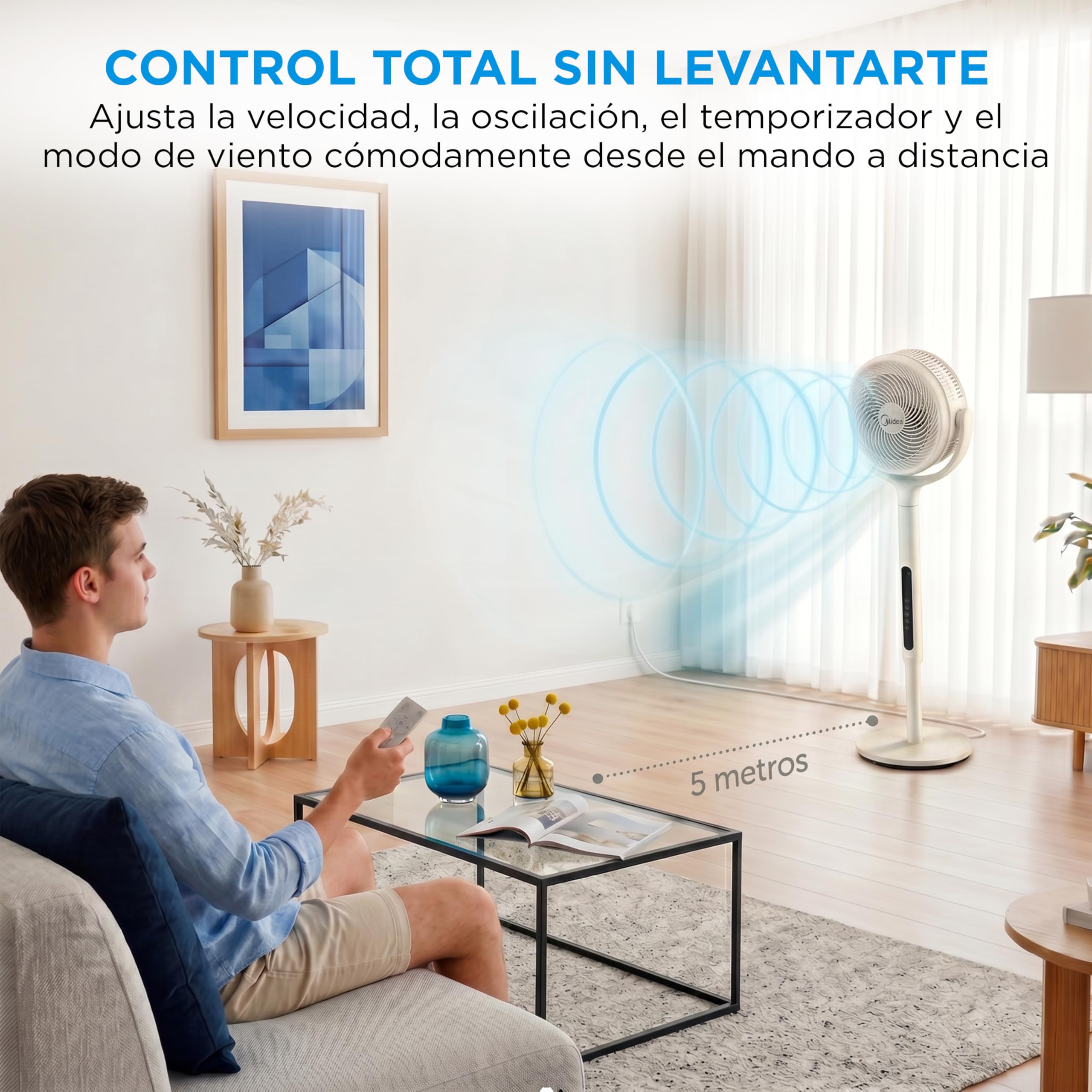 Midea Ventilador de Pie de 12 Velocidades con Mando a Distancia - Ventilador Silencioso con Oscilación 120º + 135º y Altura Regulable - Temporizador, Filtro, Doble Aspa, y 3 Modos - Alcance hasta 24 m