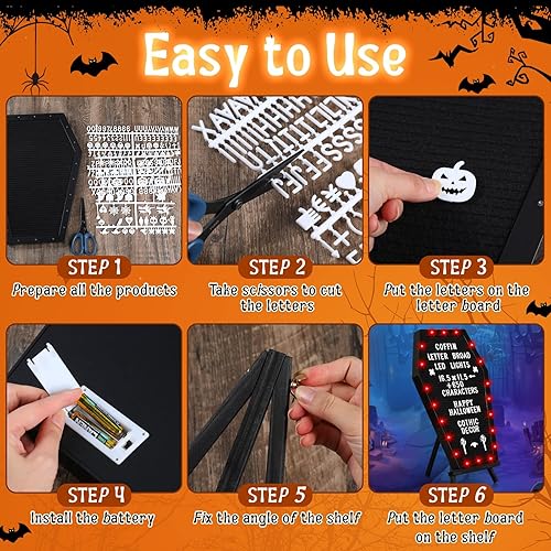 Miniatura 3 de Sintuff Tablero de letras de ataúd con soporte integrado, 620 caracteres, estilo de Halloween, decoración de tablero de letras gótico espeluznante