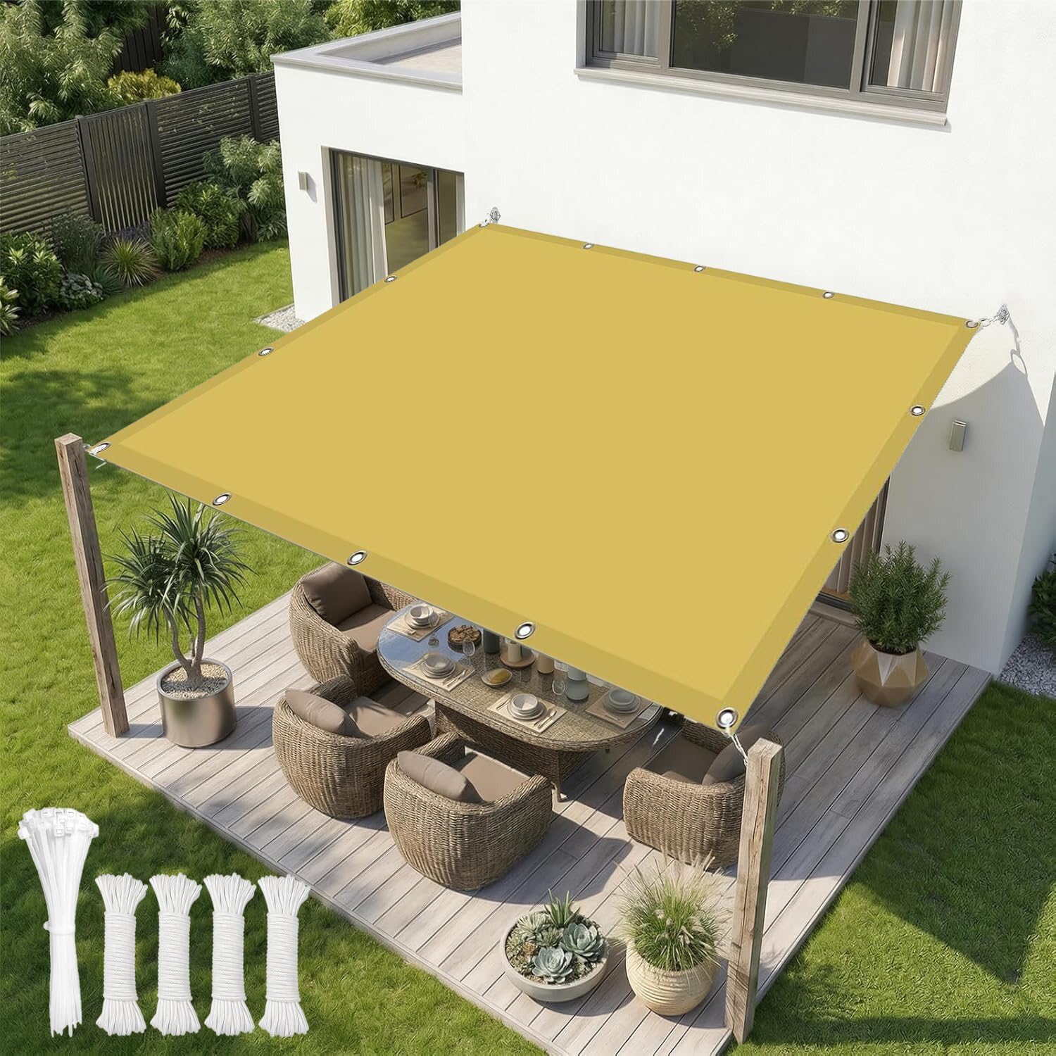 Rectangle Shade Sail/Garden Sail 1.5x4.6m 95% UV Block Water Resistant Waterproof Balcony Awning Without Drilling,Sun Shades for Outdoor Garden Backyard,Lawn, Pool,Deck, Courtyard,Carport,Yellow