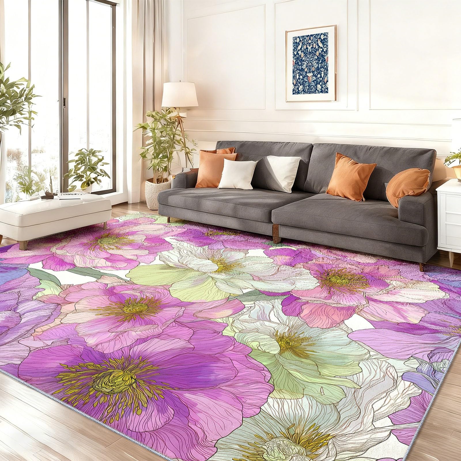 Tapis grand format pivoines rose pour décoration de chambre et couloir