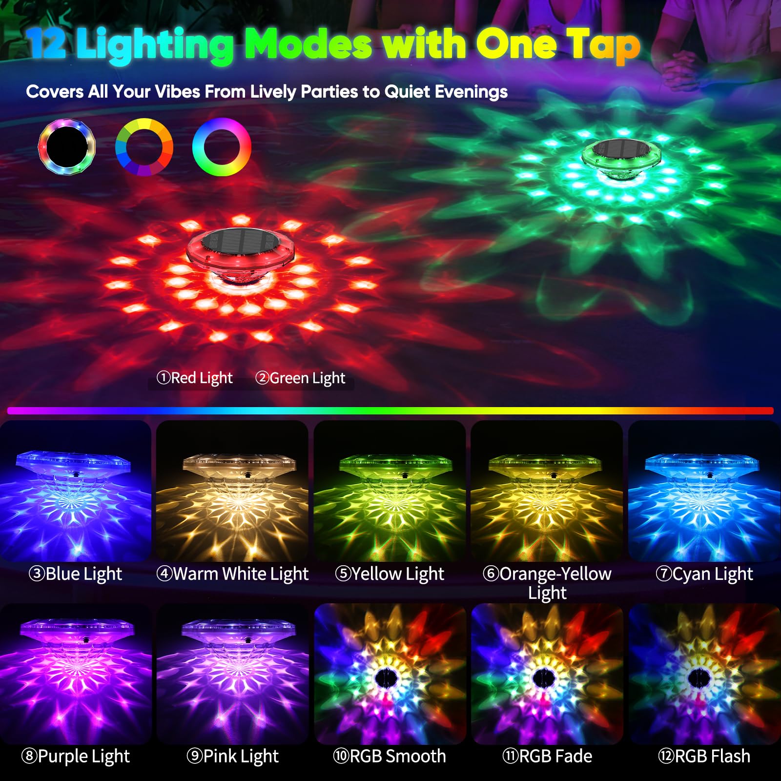 Quntis Luz Solar Piscina Flotante 15cm con Mando a Distancia, Luz LED Piscina Exterior 360°, IP68 Impermeable, 12 Modos RGB, Temporizador, Lámpara Solar Flotante para Piscina, Estanque, Jardín