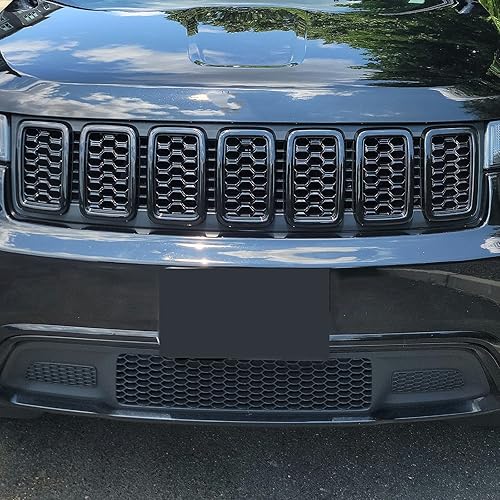 Miniatura 5 de Juego de 7 piezas de anillos de malla frontal de nido de abeja negro brillante compatibles con Jeep Grand Cherokee 2017 2018 2019 2020 2021