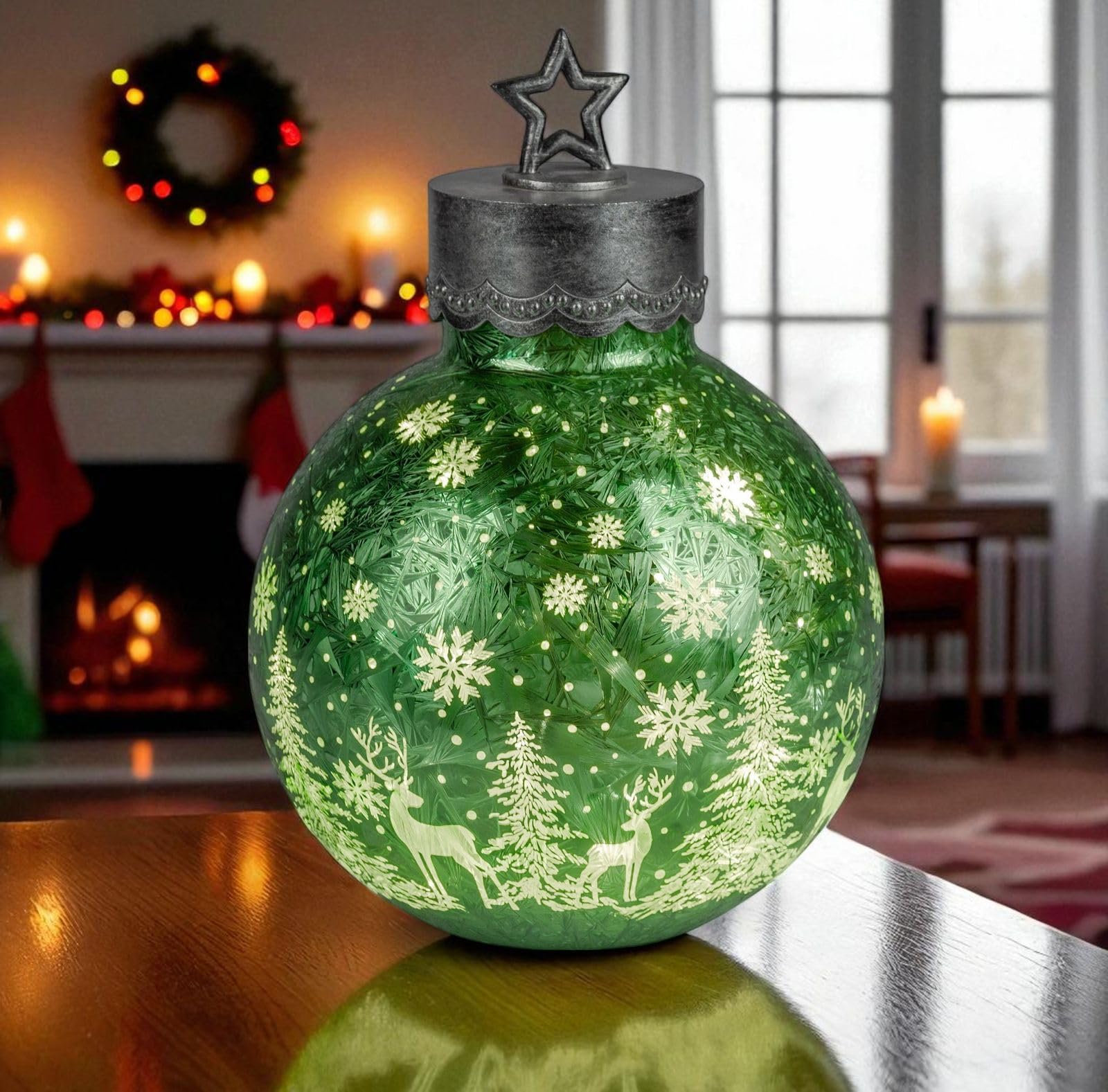 formano LED Deko-Kugel Frosty Gruen 30 cm Farb-Glaskugel Ice-Optik Timer 6h/18h beleuchtet -Batteriebetrieben - Herbst Winter Weihnachtsdeko für Tisch Regal Fensterbank