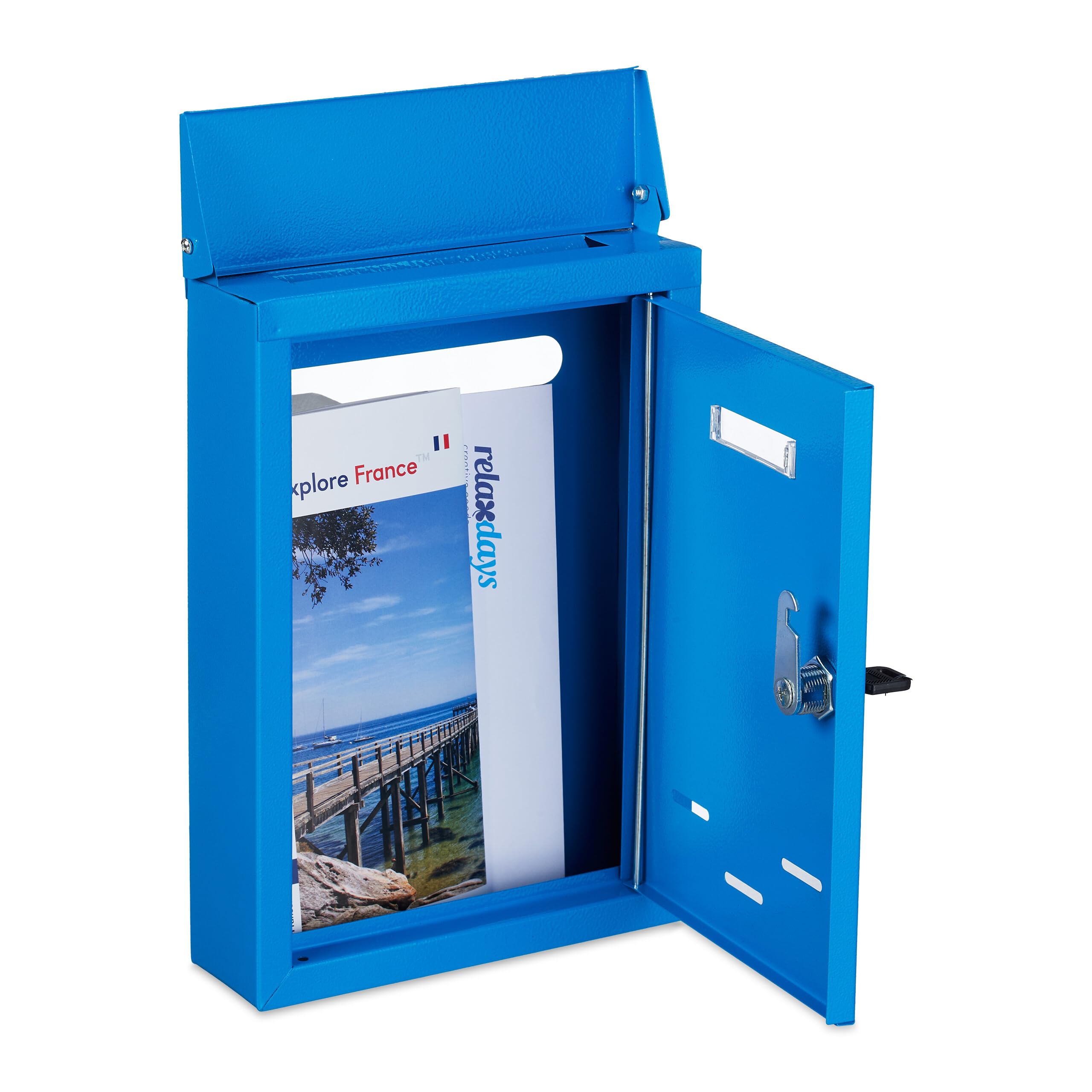 Relaxdays Cassetta della Posta con Targhetta, Metallo, 2 Chiavi, Casella Postale, Buca Lettere 30,5x21x7 cm, Blu