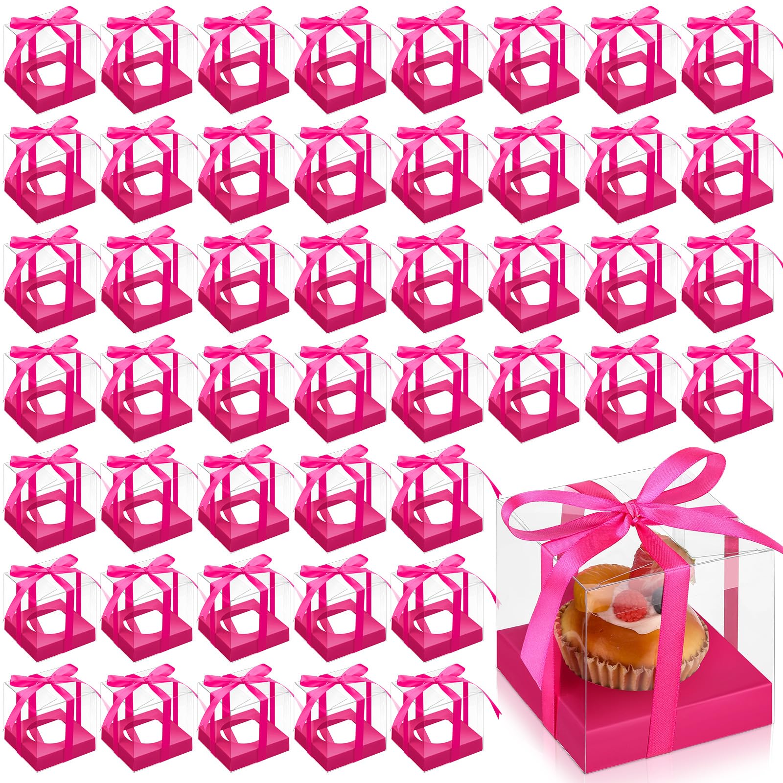 Thenshop 50 Pcs Clear Cupcake Boxes Individual 3.5 Inch, Hot Pink