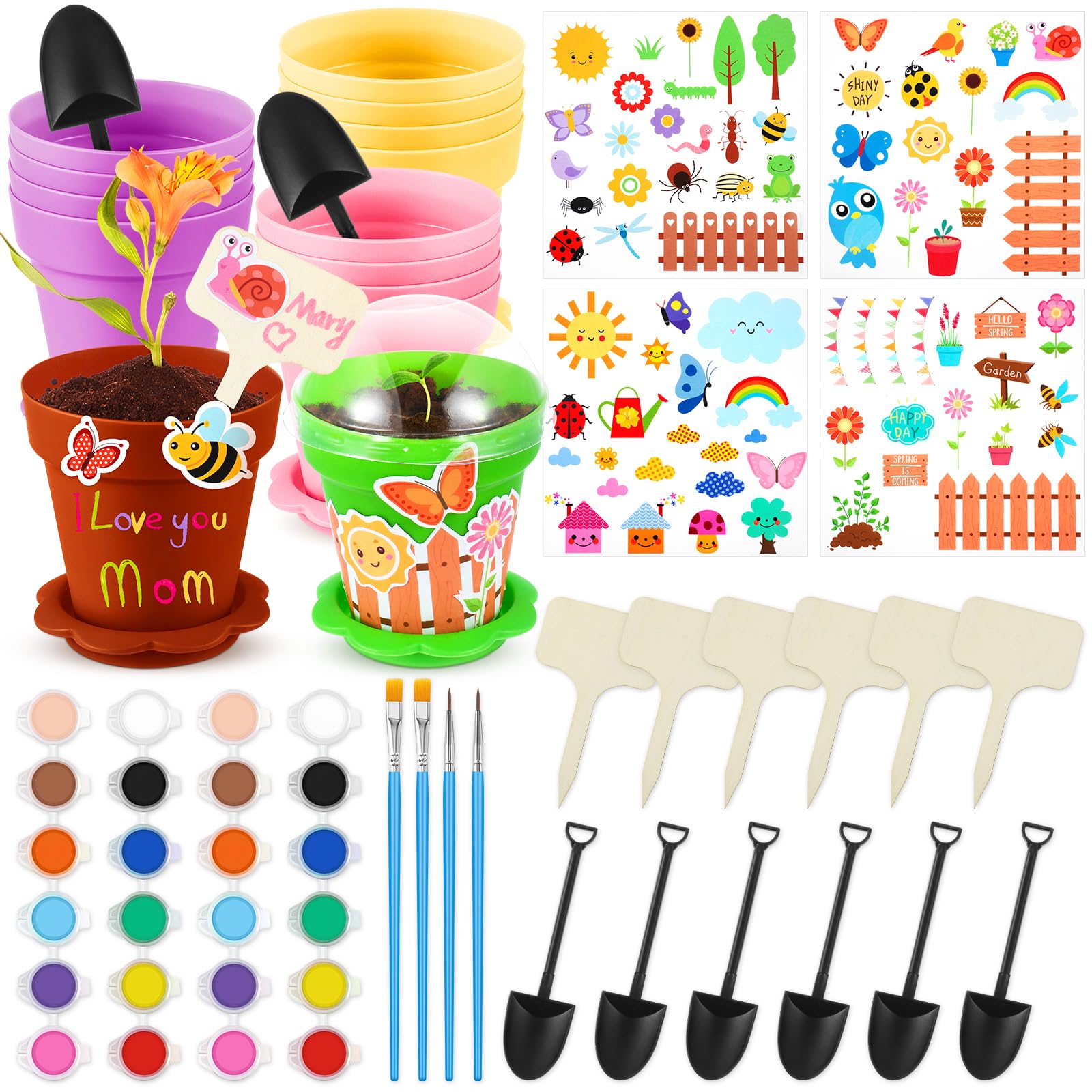 SiliFine 24 Sets Classroom Plant Growing Kit Mother's Day Craft for Kids Bulk Kids Flower Pots Cupcake Plant Nursery Pots with Paint and Spring Stickers Labels Name Tags