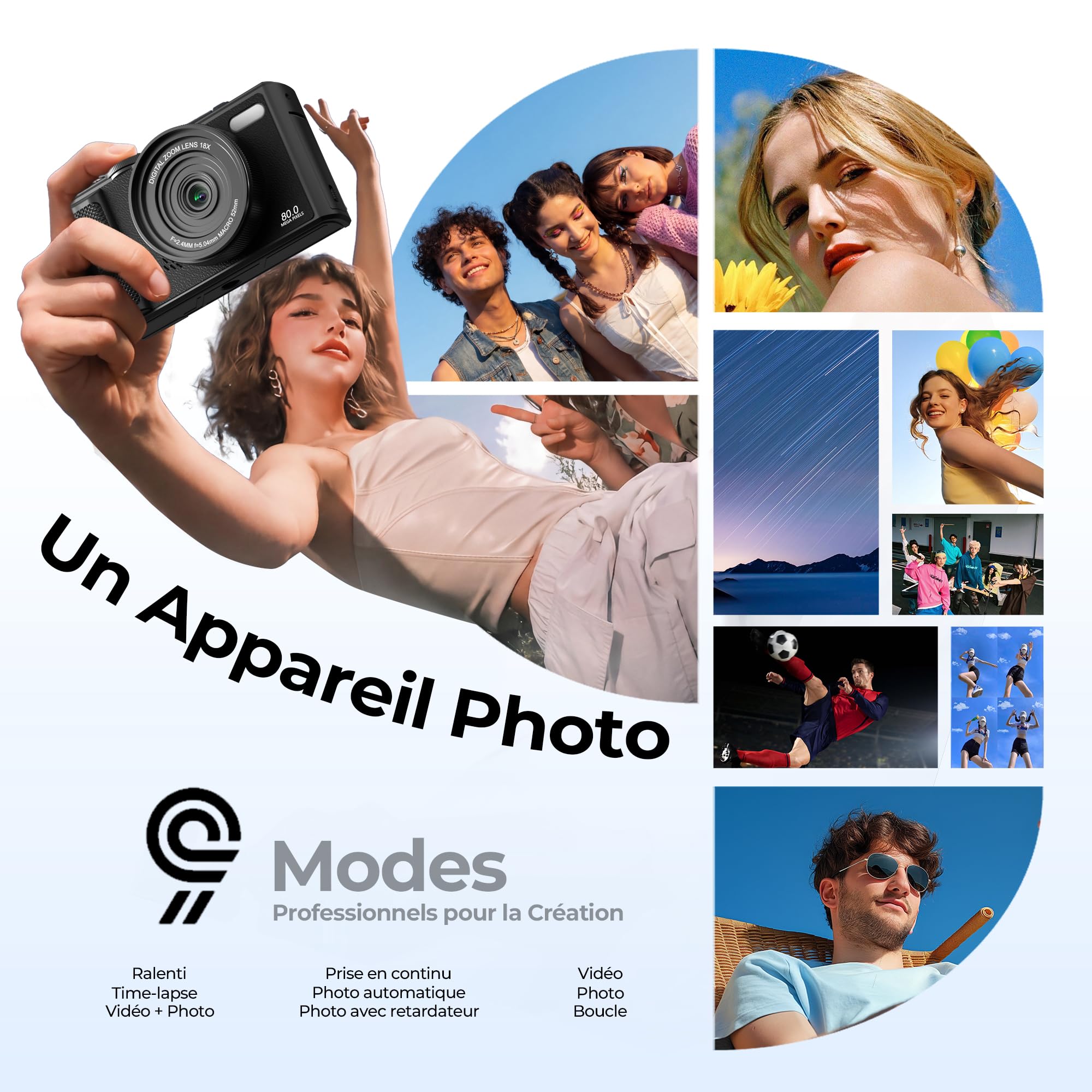 Appareil Photo Numérique 5K 80MP avec WiFi & Autofocus, Caméra Vlogging Youtube, Écran 3" 180° Rabattable, Zoom 18X, Compact Voyage Débutants & Adolescents, INCL. Carte 64GB & 2 Batteries
