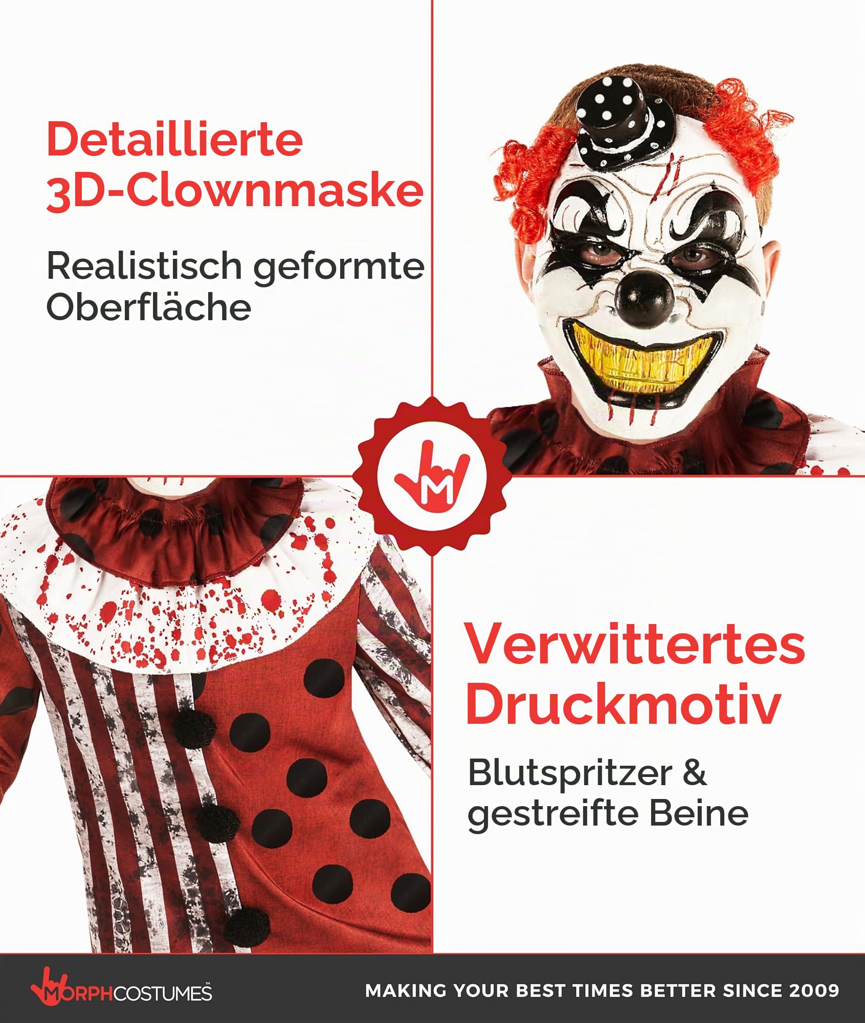 Morph Clown Kostüme für Kinder, Halloween Kostüm Kinder Clown, Horrorclownkostüm Kinder, Kinder Kostüm Clown, Clown Kostüm Jungen in 5 Größen (3-4 Jahre, S, M, L, XL)