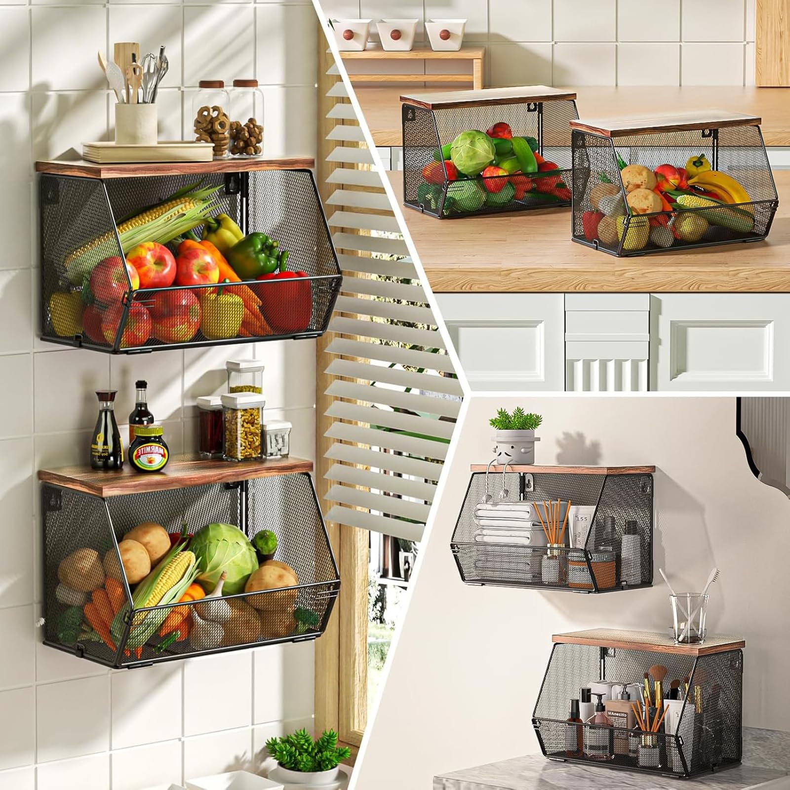 Panier Fruits, 2 Etages Panier a Fruit Etagere de Murale Cuisine | Empilable Rangement Legumes, avec Un Couvercle en Bois et Crochets pour Fruit Basket pour Rangement Fruits et Légumes