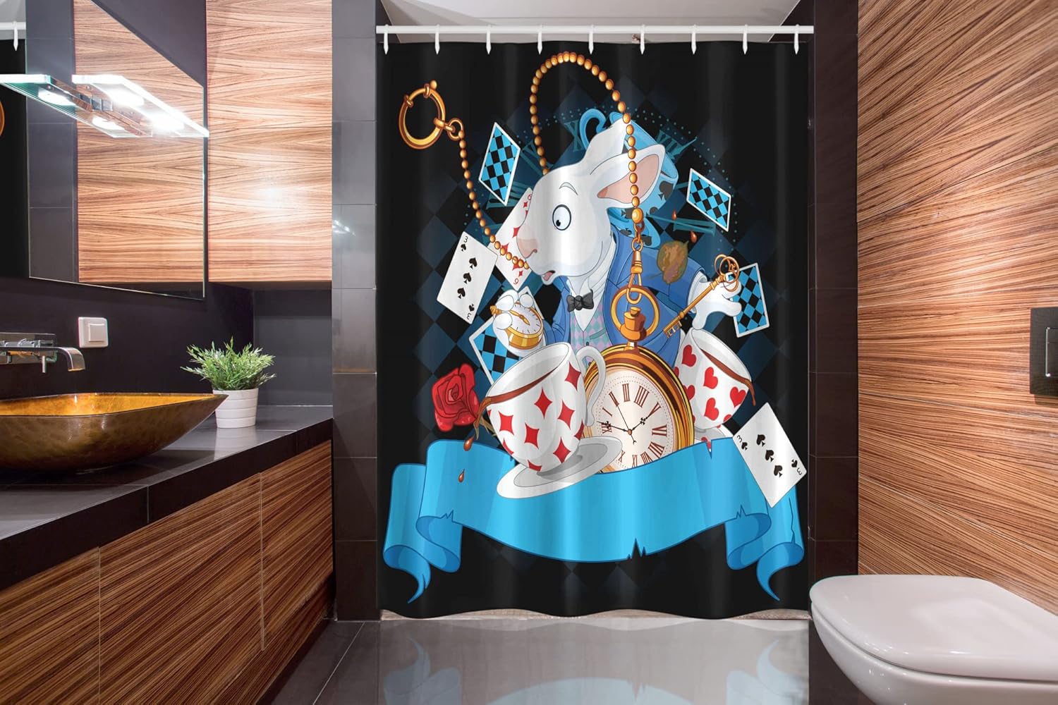 Ambesonne Alice in Wonderland Stall Shower Curtain, Rabbit Motion Cups Hearts and Flower Character Alice Cartoon Style, Fabric Bathroom Decor Set with Hooks, 54" W x 78" L, Dark Blue Charcoal Grey