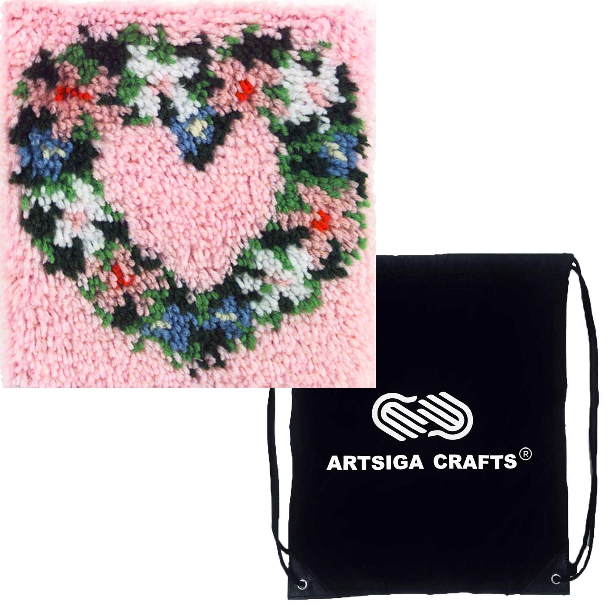 Caron Wonderart Latch Hook Kit 12 x 12 inches (Finished Size) Heart Wreath Bundle with 1 Artsiga Crafts Project Bag (426142)