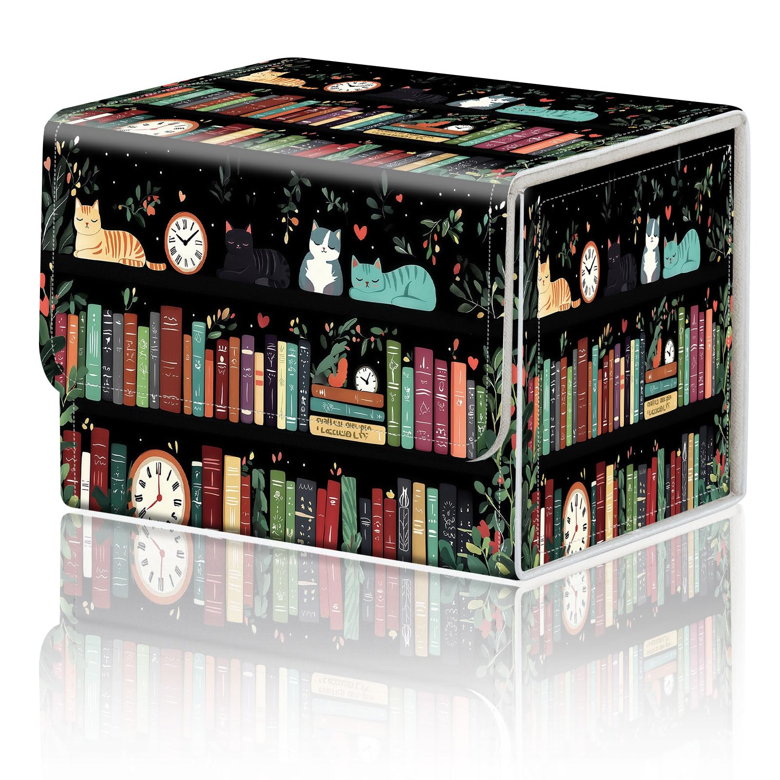 for TCG Deck Box Compact Portable MTG Card Box Organizer Trading Card Case Commander Deck Box MTG Card Game Storage Box Magnetic Closure Creative Pattern Up to 200 Cards, Cute Cat Library Bookshelf — image 1