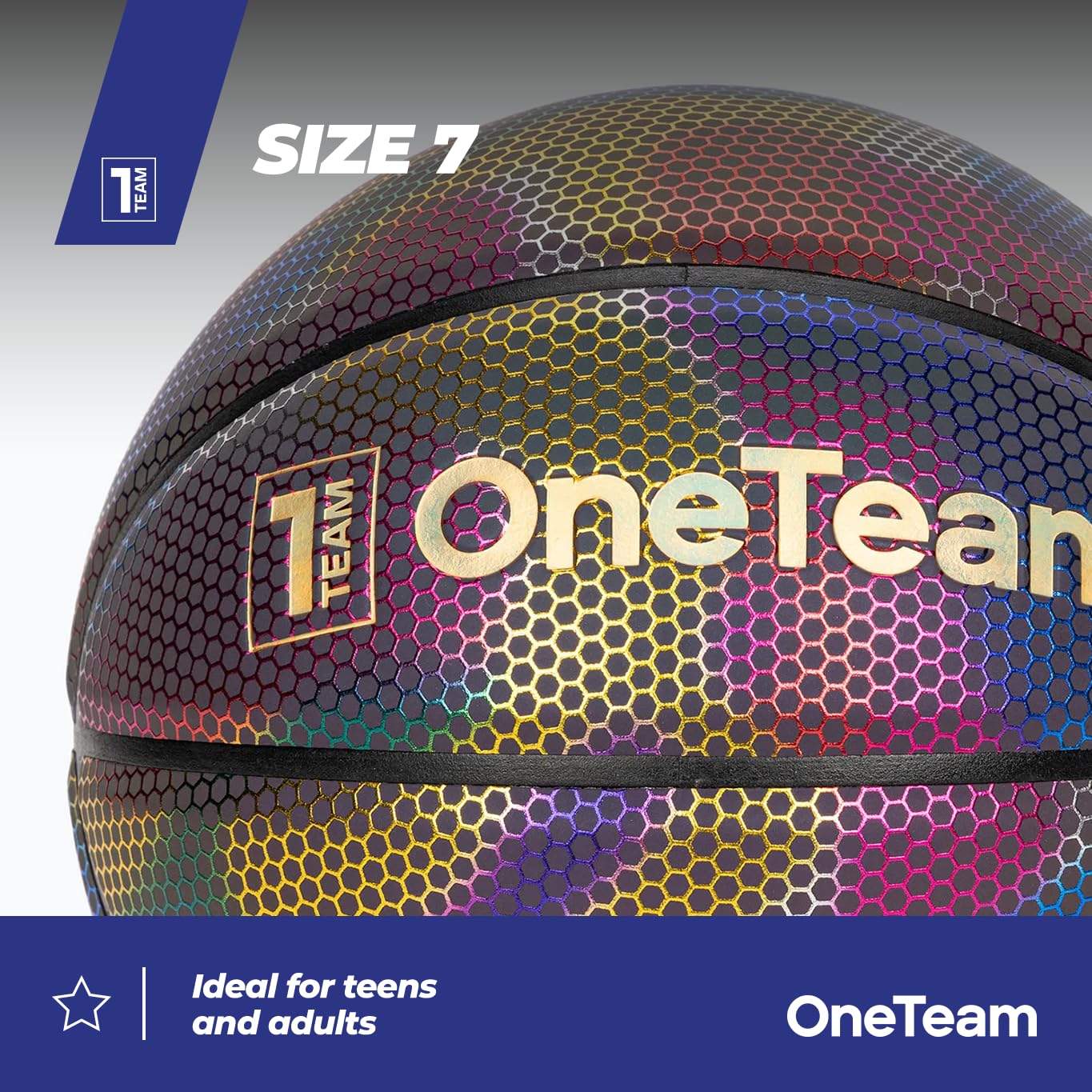 OneTeam Balón de baloncesto holográfico en tamaño 7 OT-BB01H Basket con un diámetro de 24,6 cm con materiales holográficos de PU y goma de alta calidad para entrenamiento y juego