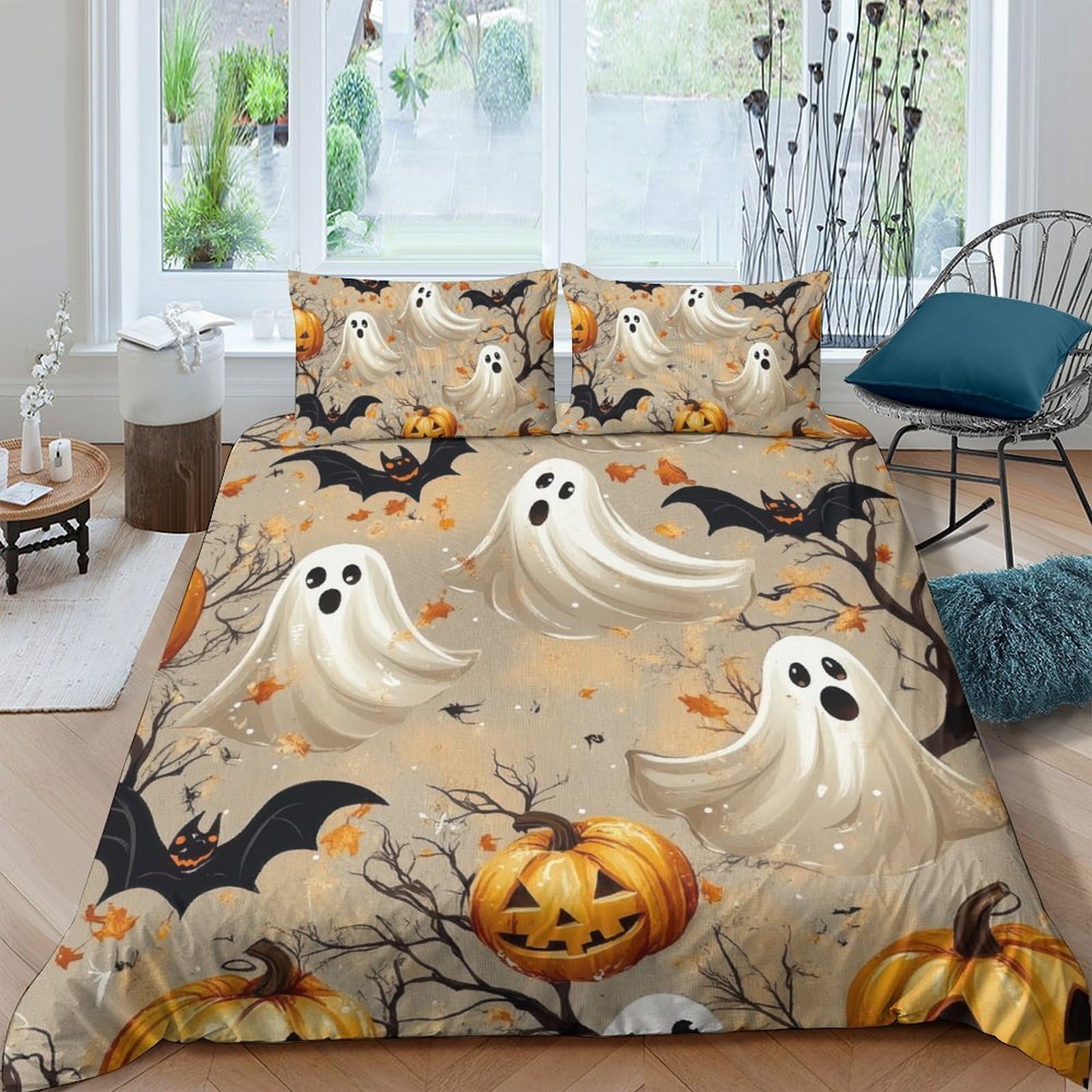 Ctjqhvkz Style-3 3D Printed Halloween Ghost Fitted Sheet Microfiber Soft Pumpkin Bat Mattress Cover For Bedroom Dorm Decor Protection Single（135X200cm）
