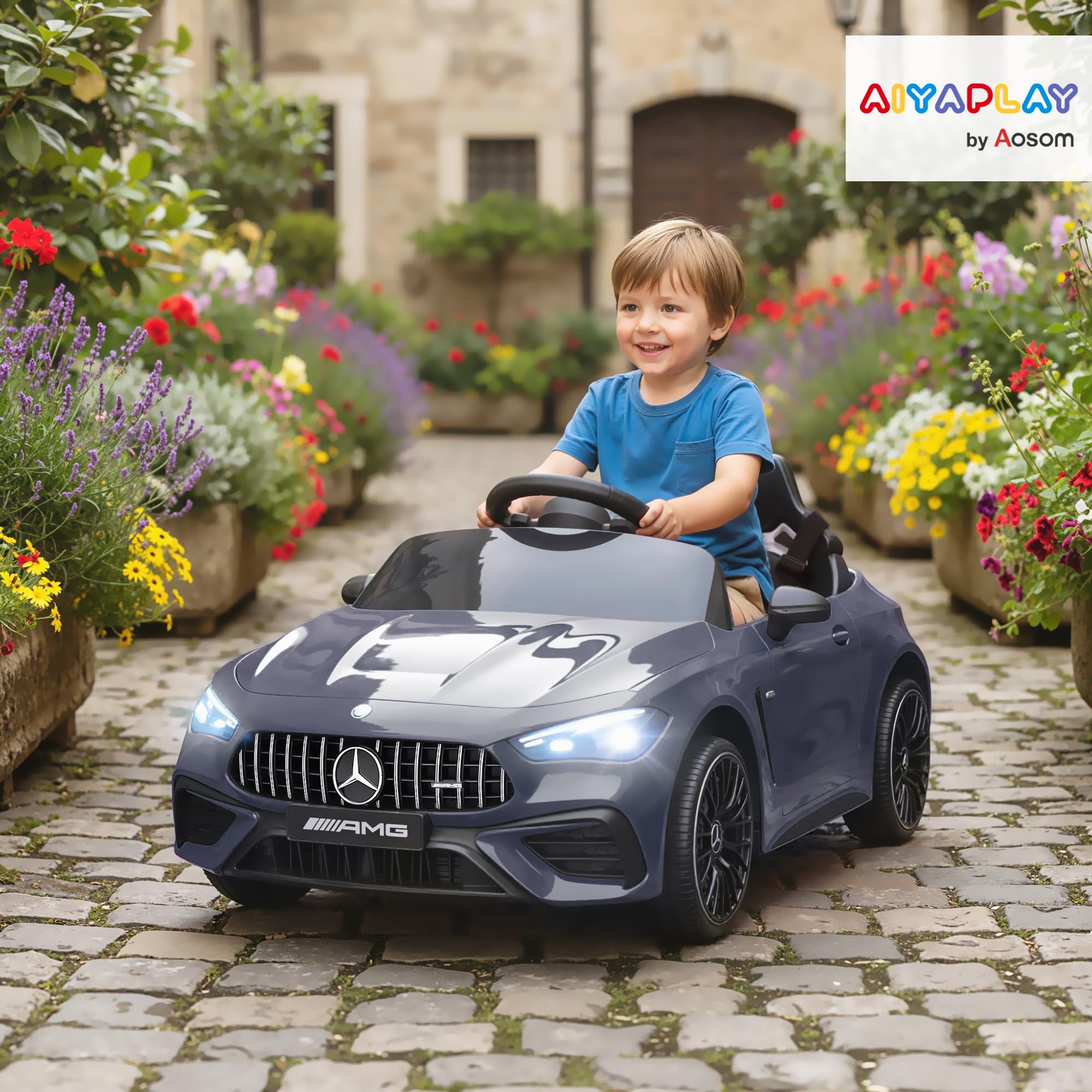 AIYAPLAY Elektryczny samochód dla dzieci 12V z pilotem 2,4 GHz, 2 silniki, pojazd dziecięcy z muzyką, MP3, łagodnym startem/stopem, klaksonem, zawieszeniem, światłami LED, kółkami pomocniczymi dla