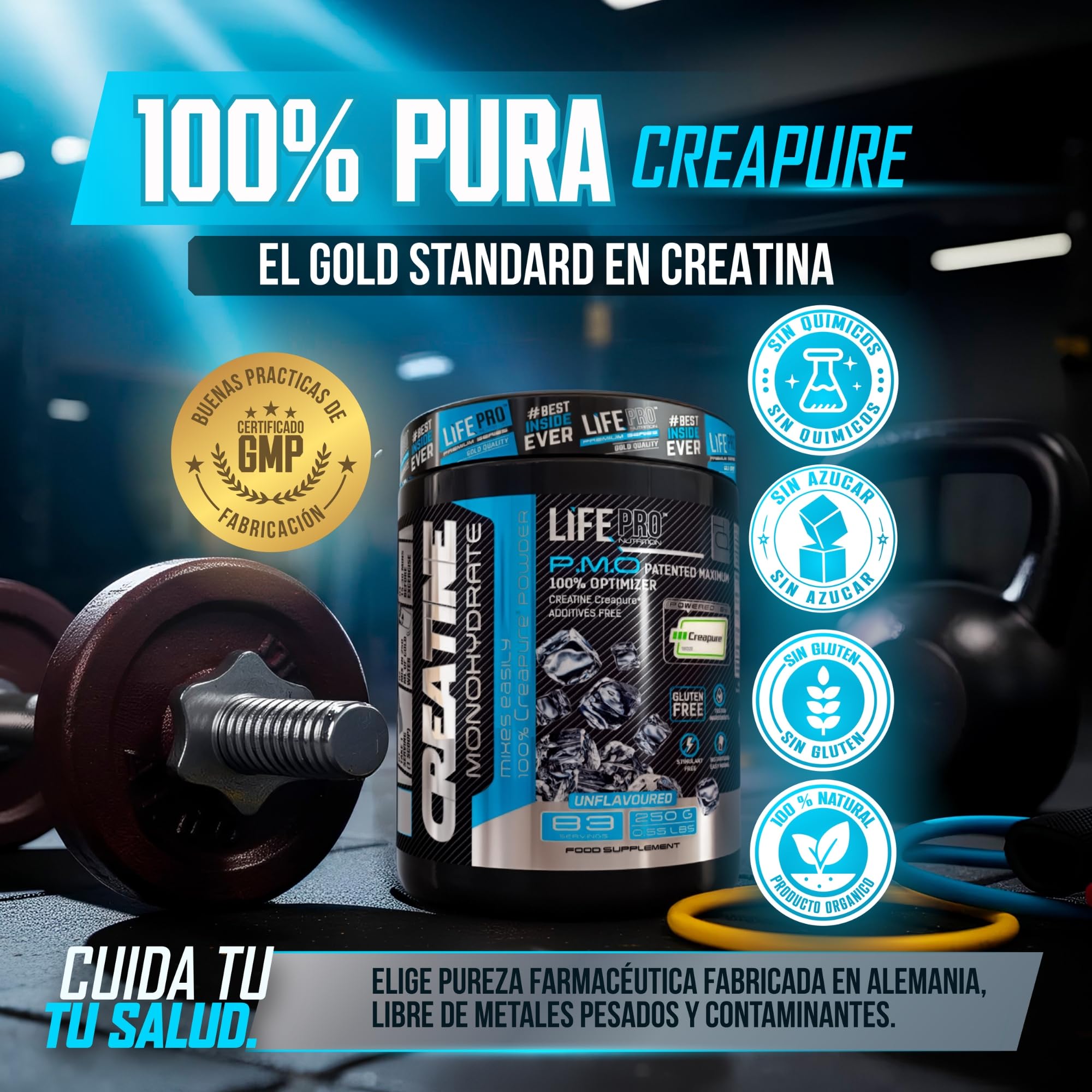 Creatine Monohydrate Creapure Life Pro 250g – Créatine Micronisee Pure – Jusqu’à 83 Doses – Sans Gluten – Pour Force, Énergie et Récupération Musculaire – Qualité Allemande (250g, Sin sabor)
