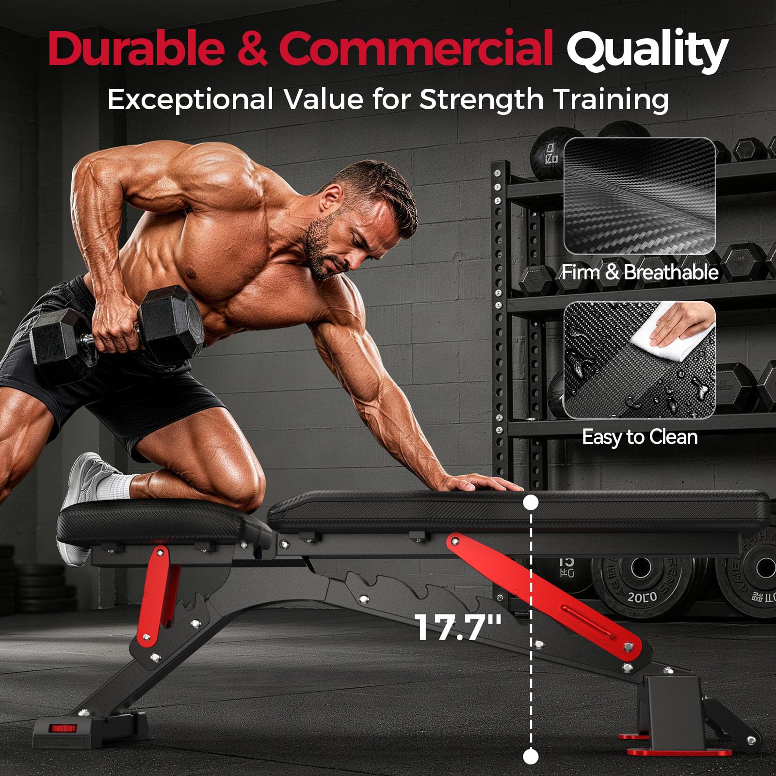 WB7 Weight Bench, 1300LBS Commercial Adjustable Weight Bench, Workout Bench for Home Gym, Flat Incline Bench Press Heavy Duty Bench with 34'' Extra-Long Backrest and Easy-Roll Wheels