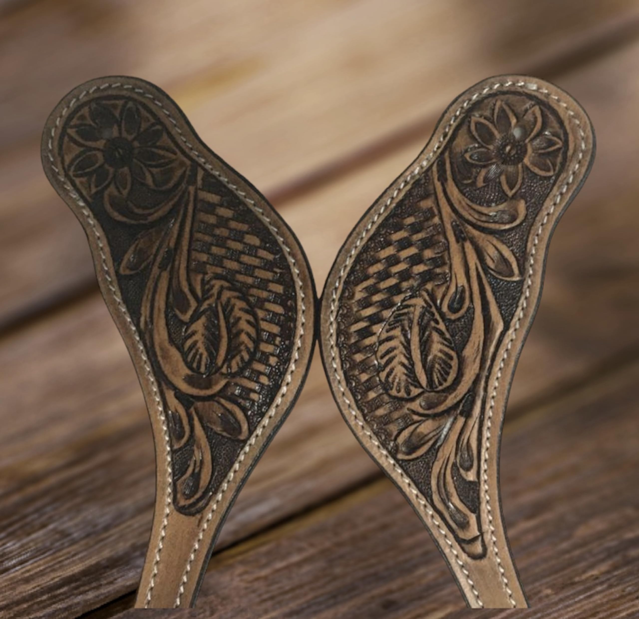 Majestic Ally Western Spur Straps, Genuine Leather, Antique Hand Tooling, Adjustable Stainless Steel Buckle