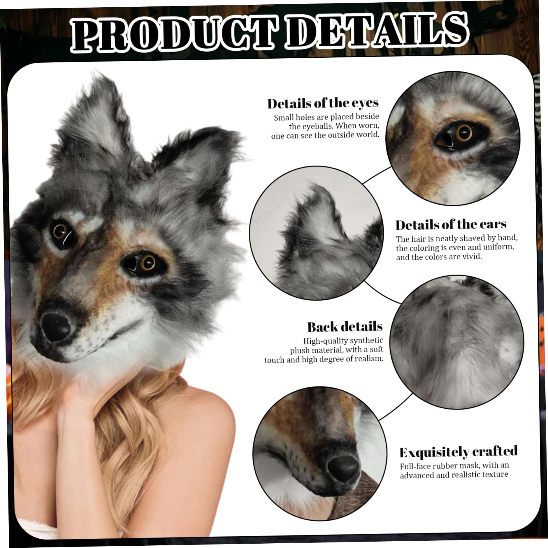Masque de loup d'Halloween, masque réaliste en latex souple avec fourrure, accessoire de cosplay complet pour adulte, unisexe, pour Halloween, carnaval, fête, maison hantée, en fourrure, masqu