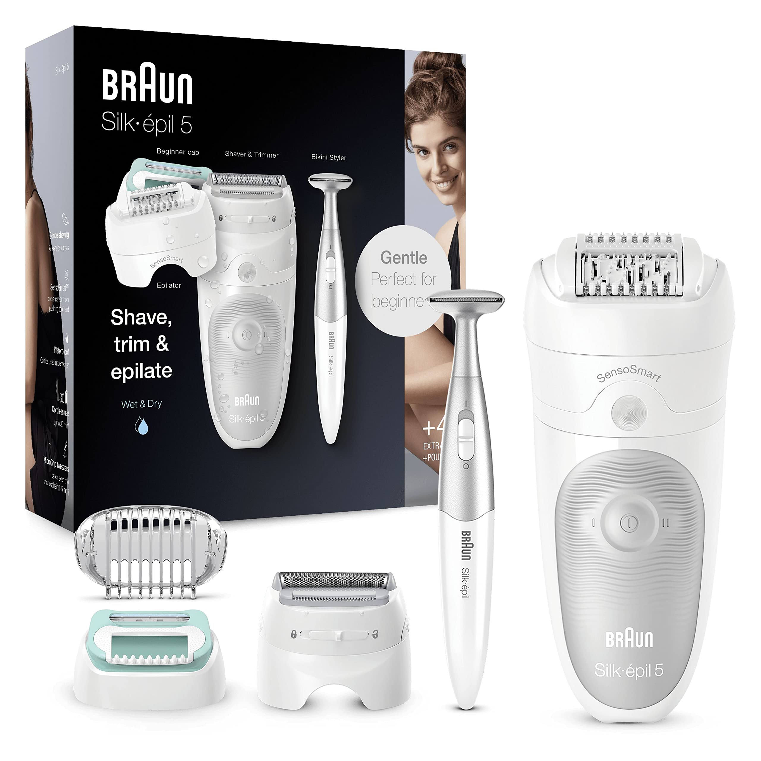 Braun Silk-épil 5 Depilatore Donna, Epilatore Viso, Alternativa All’Epilazione Laser Peli Donna, Testina Flessibile, Pelle Liscia, con Cappuccio Adatto alle Prime Epilazioni, 5-825 Bianco/Grigio
