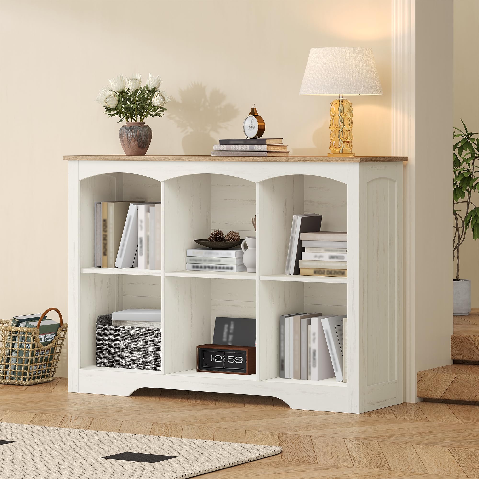 Bücherregal Regal mit 6 Fächern, 106 x 34 x 80 cm, Weiß und Braun | Würfelregal, Offenes oberes Ablagefach, für Wohnzimmer, Büro, Schlafzimmer und Küche, FFSG003FWR1