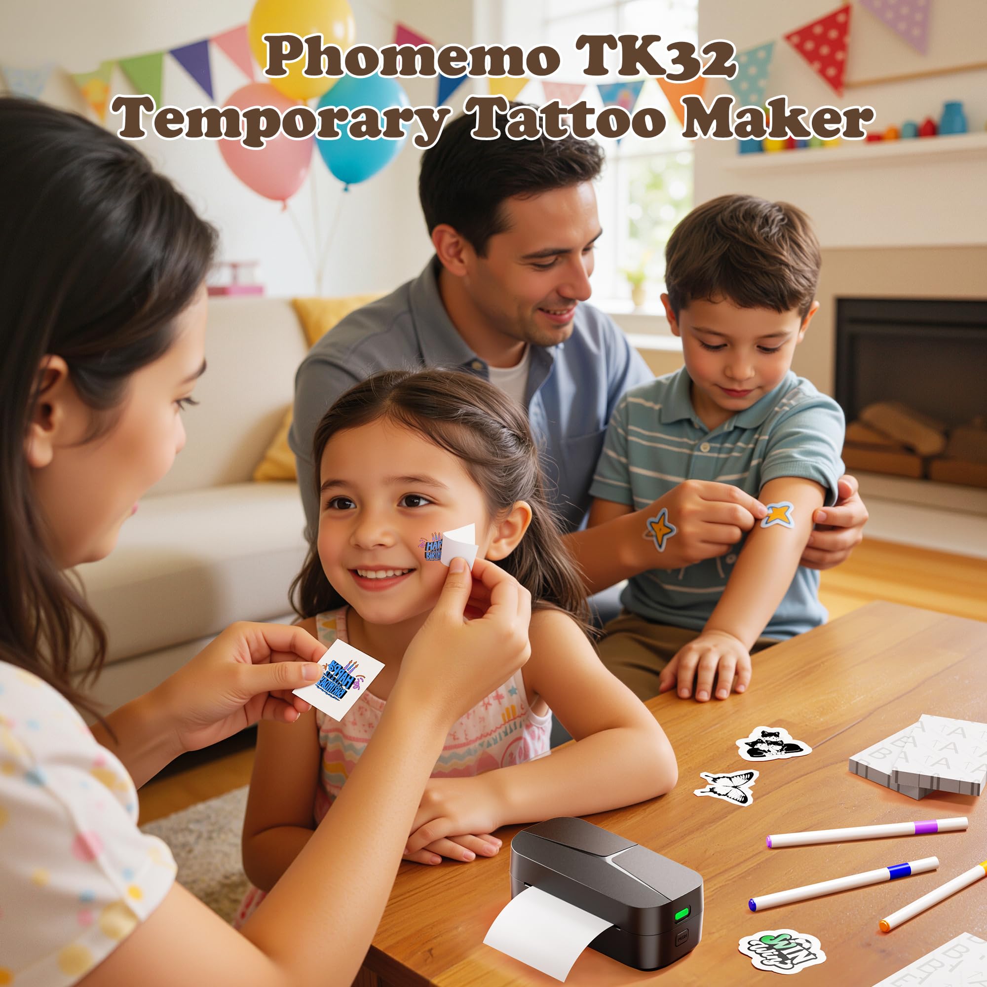 Phomemo TK32 Stampante Tattoo Temporanei Bambini Consumabili Kit, Contenente 50 Fogli di carta per tatuaggi e trasferimento (40 fogli da 2x3", 10 fogli da 3x5") e 8 penne marcatori