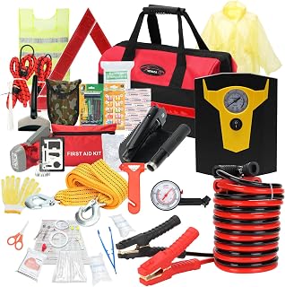 Car Roadside Emergency Kit with Jumper Cables, Auto Road Side Safety Kit for Vehicles - with Premium Carry Bag, Portable Air Compressor