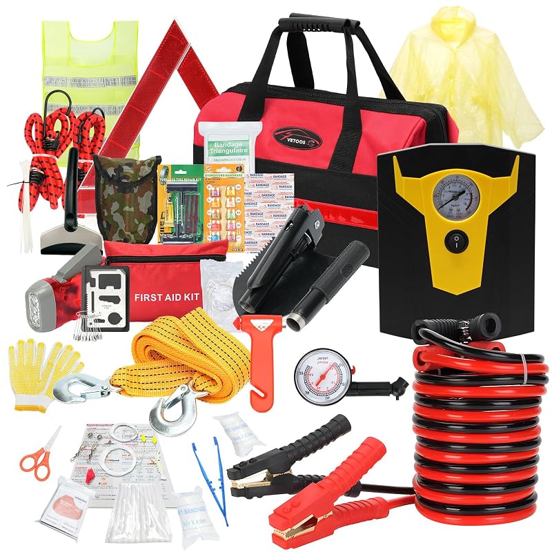 Kit de Emergência para Carro Vetoos com Cabos de Transferência, Compressor de Ar 12 V e Pá Dobrável MSA-A3B
