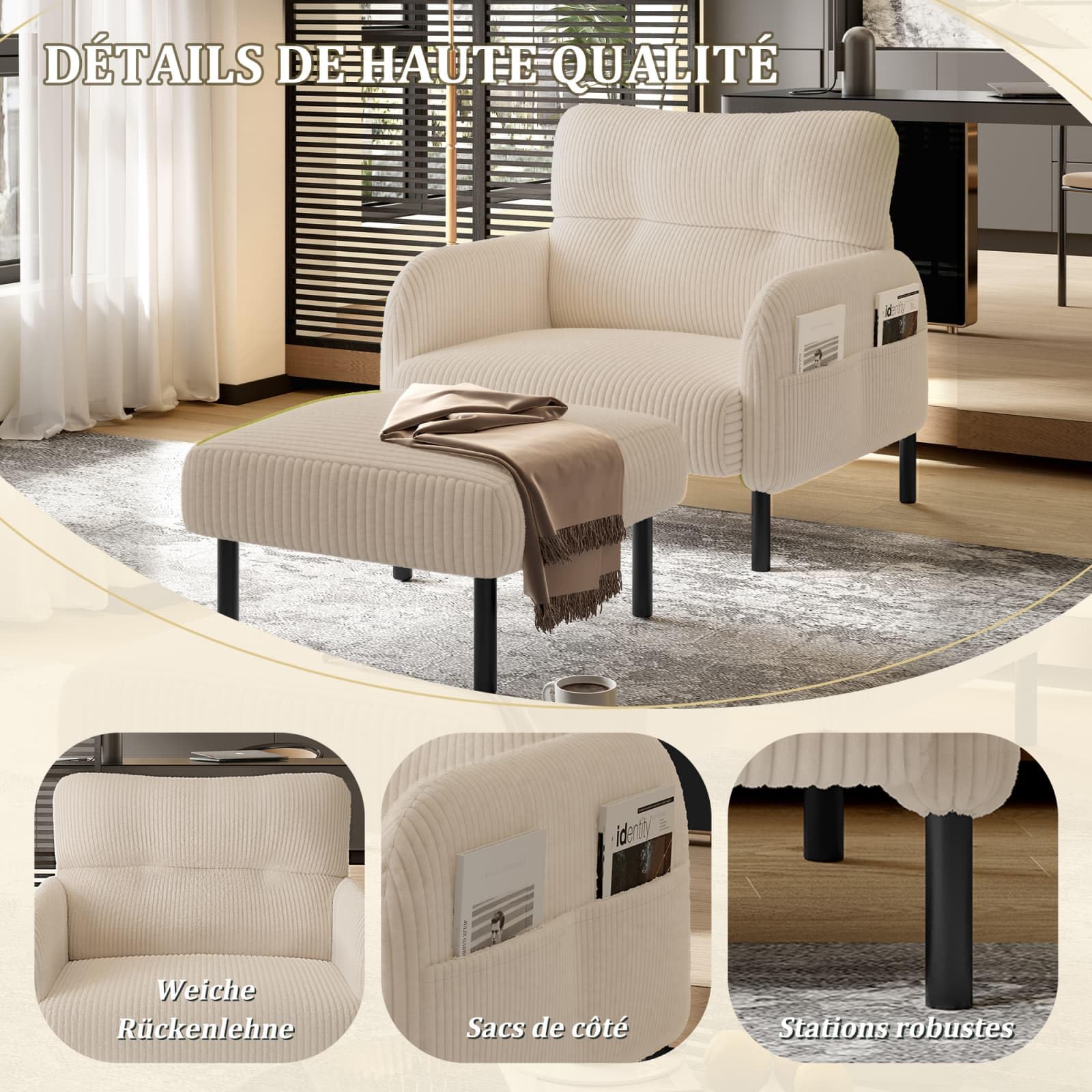 KOMHTOM Fauteuil Simple Places en Velours Côtelé avec Dossier Haut Confortable, 4 Poches et Pieds en Métal - Canapé d'angle Moderne pour Salon, Chambre à Coucher et Bureau (Beige - 1 Place)