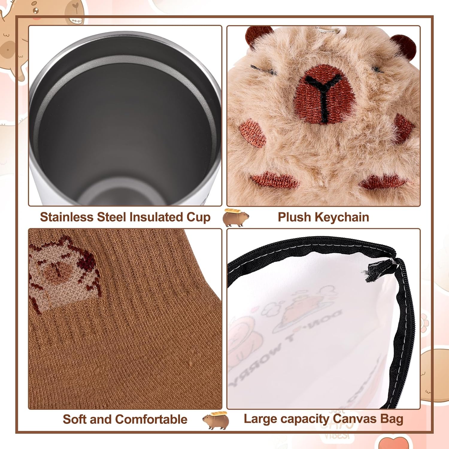 Capybara Gifts, Capybara Stuff with Insulated Tumbler Canvas Bags Socks Keychain Hairband Sticky Notes Pen Christmas Birthday Present for Capybaras Lovers Women Girls - Image 3