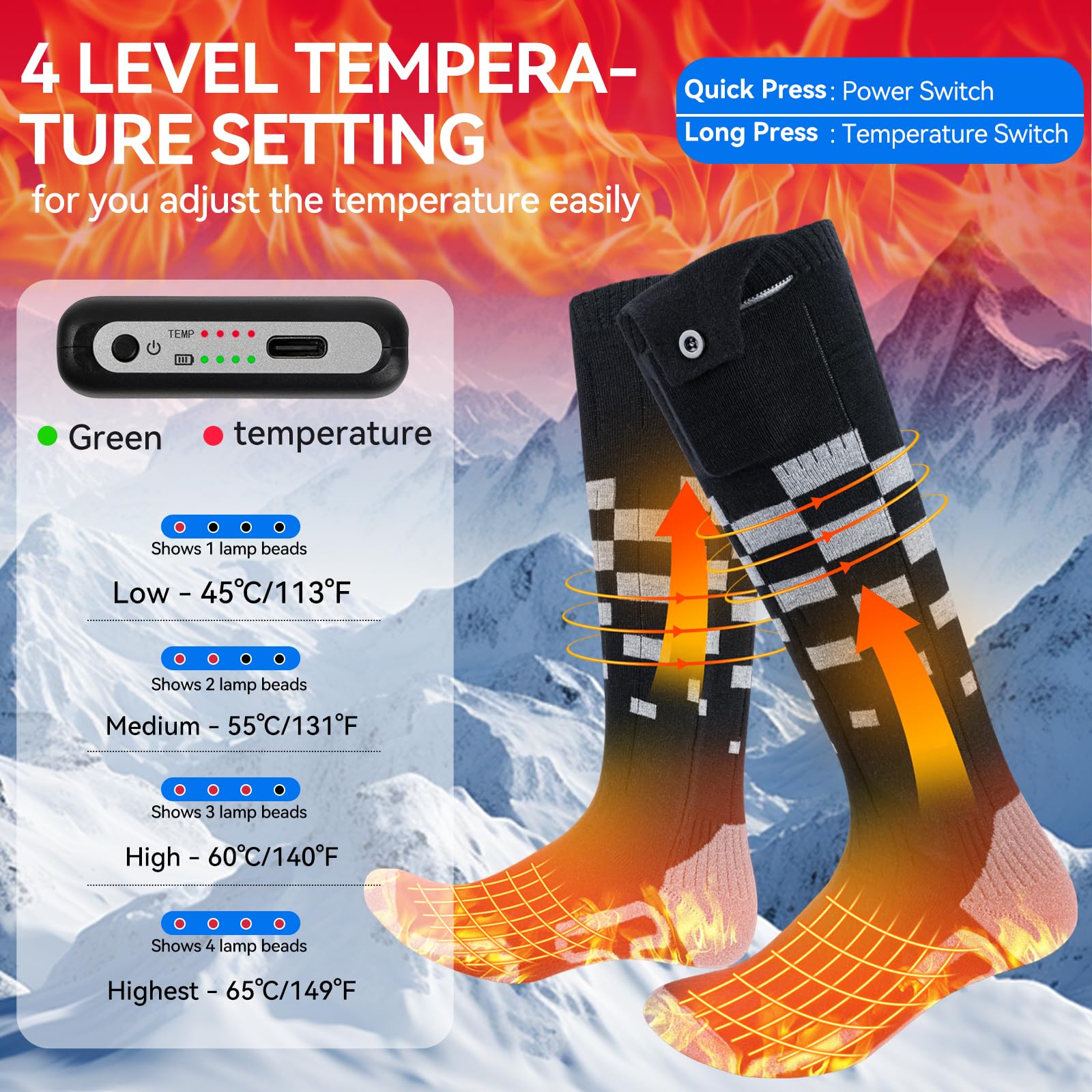 Verwarmde Sokken Unisex, 5000 mAh Batterijgevoed, Oplaadbare Verwarmde Sokken met 4 Warmtestanden, Voetwarmers voor Vissen, Kamperen, Hiken, Skiën, Buitenwerk, Winter | NL