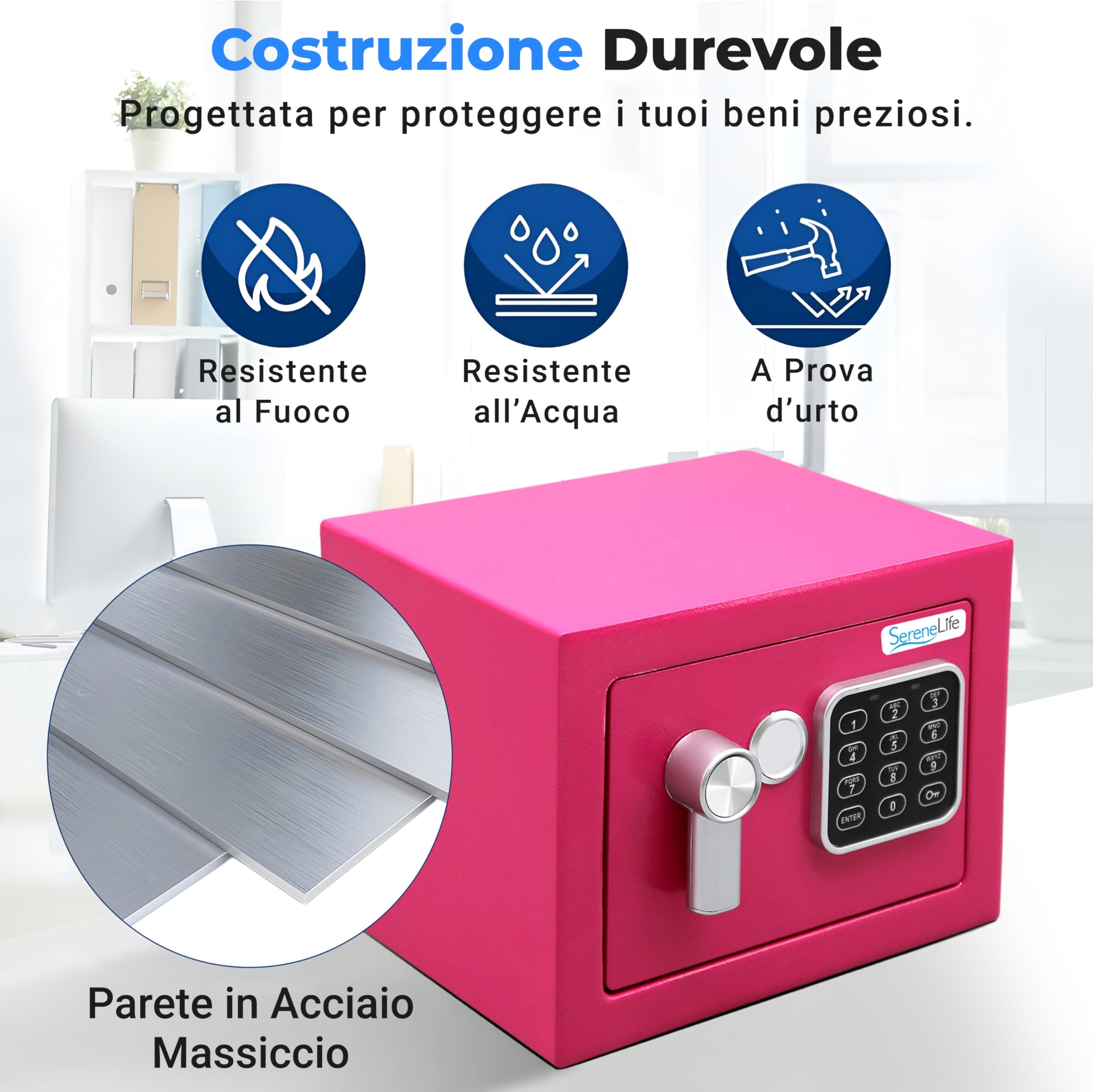 SereneLife Cassaforte, Cassaforte Piccola Elettronica, Cassetta di Sicurezza 23x17x17 cm, Codice Digitale, 2 Chiavi, per Casa, Ufficio, Denaro, Gioielli, Armi, Montabile a Muro, Pavimento, Rosa