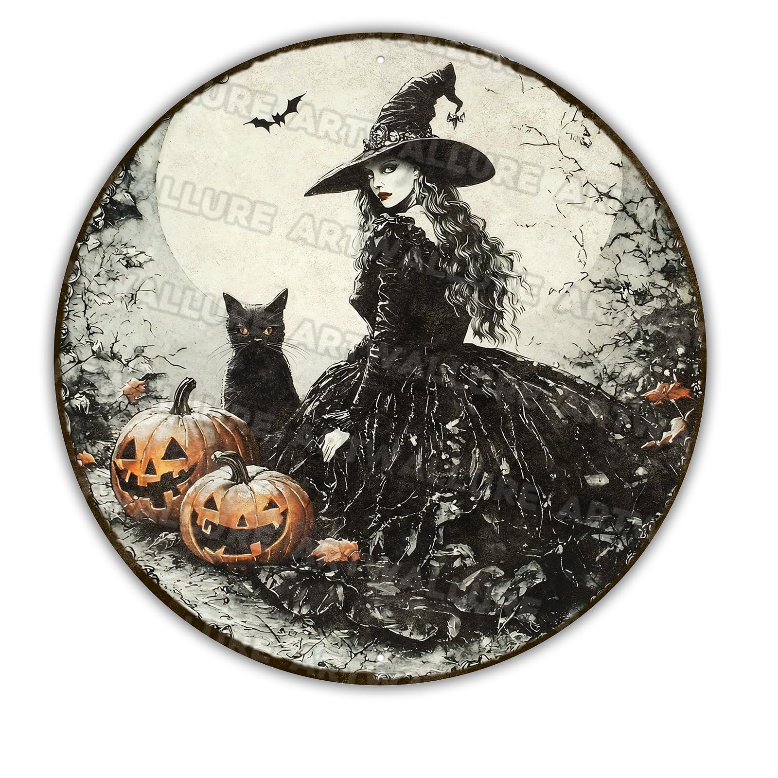 Round Halloween Pumpkin Witch Vintage Sign Halloween Black Cat Metal Tin Sign for Home Bar Kitchen Hotel Dining Room Coffee 12x12inch