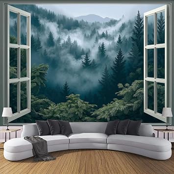 Open White Glass Window Wall Mural Forest Green Forest Landscape Illustration, 3D Panoramic Wallpaper, 177" X 124", Wall Sticker Poster for Living Room, Bedroom & Home Decoration