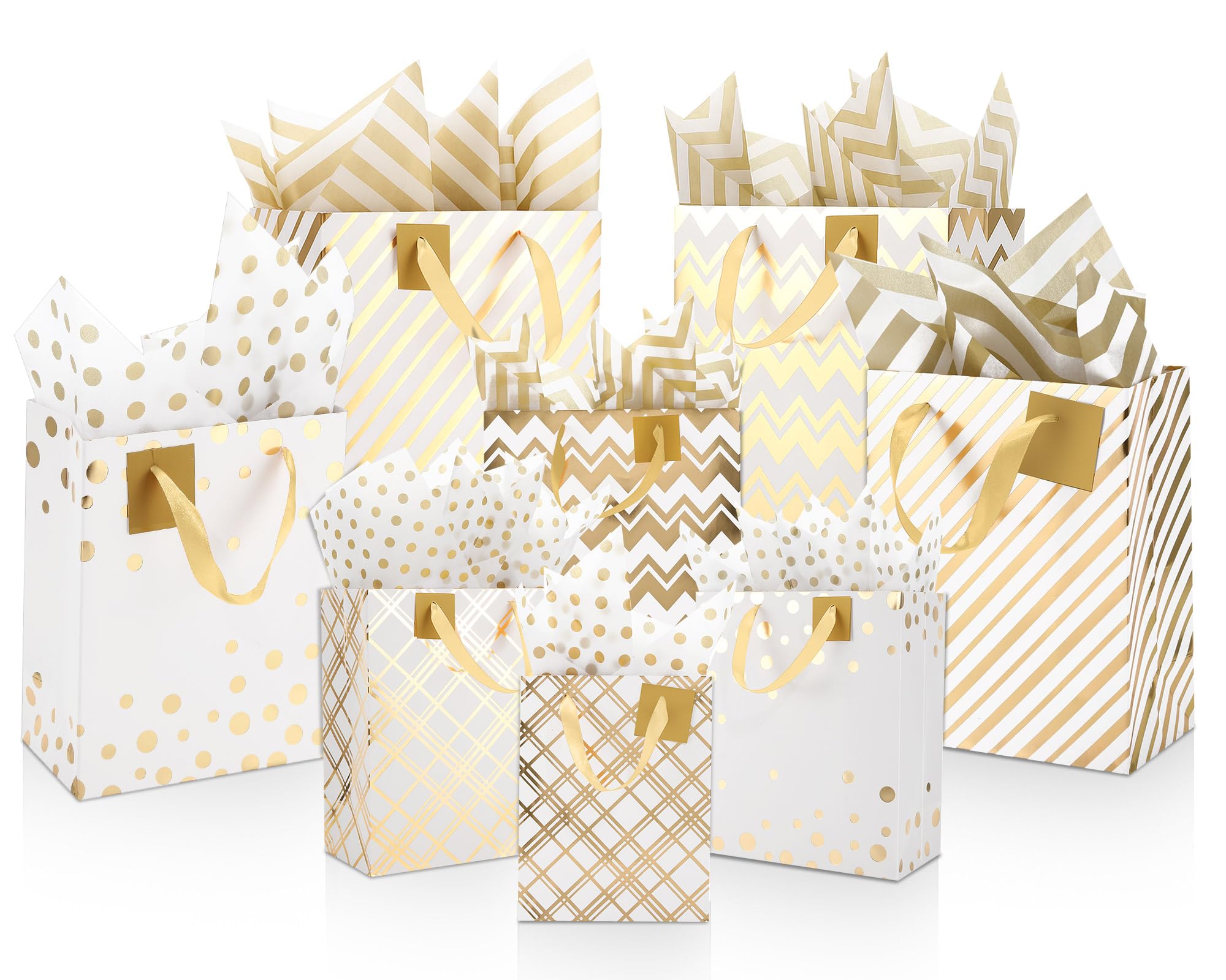 Tenare 24 Pcs Christmas Metallic Gold Gift Bags Bulk with 24 Tissue Paper and Handle Assorted Gold Foil Gift Bag for Christmas Holiday Birthday Wedding Party Favor Supplies (Champagne,Paper)