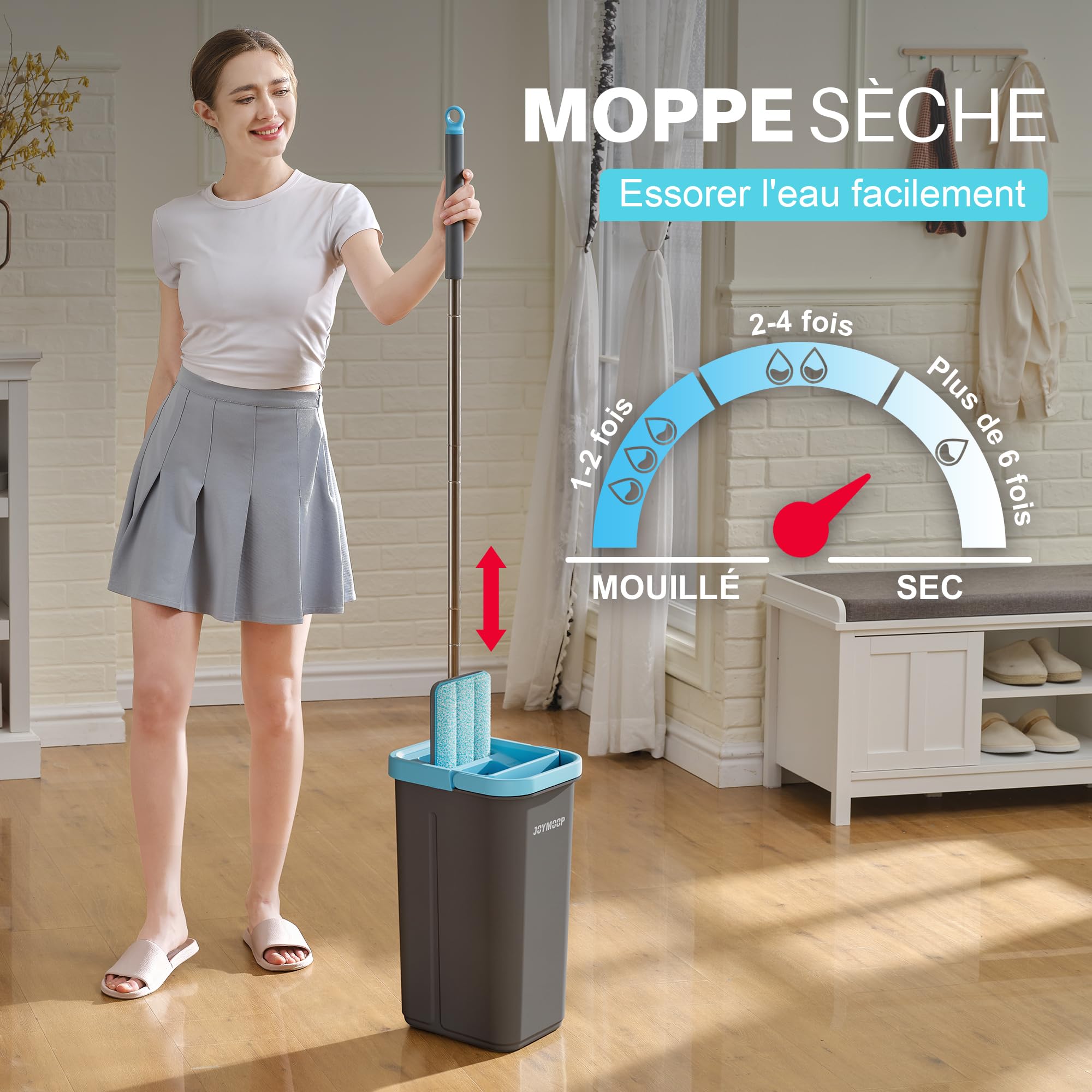 JOYMOOP Ensemble Mopa Et Seau avec Essoreuse, 5 Tampons Microfibre Réutilisables, pour Sols Et Murs, Mopa Mains Libres Usage Domestique - Gris + Bleu Cyan