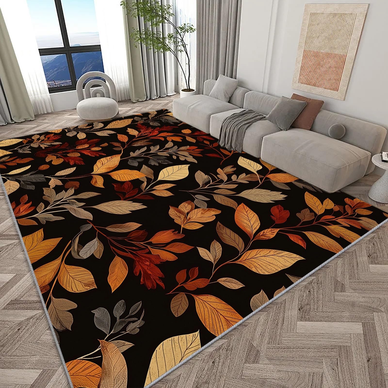 Tapis chambre automne feuilles sombre 60x90 cm moderne