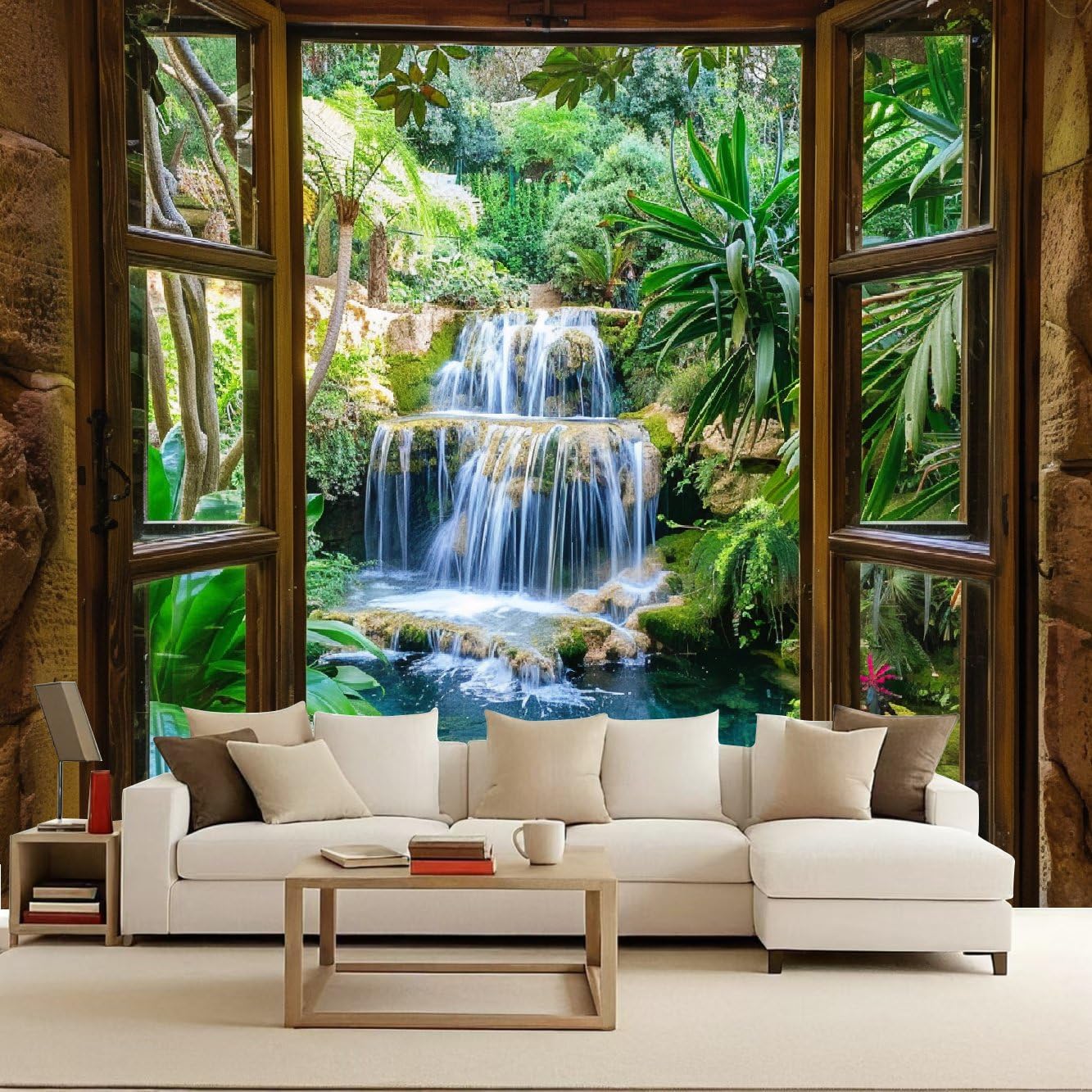 Tropical Rainforest Wallpaper Mural Window Waterfall Photo Wallpaper Forest 3D Wall Mural 400x280cm Non-Woven Premium Art Print Decoration Poster Picture for Living Room Bedroom TV Backdrop