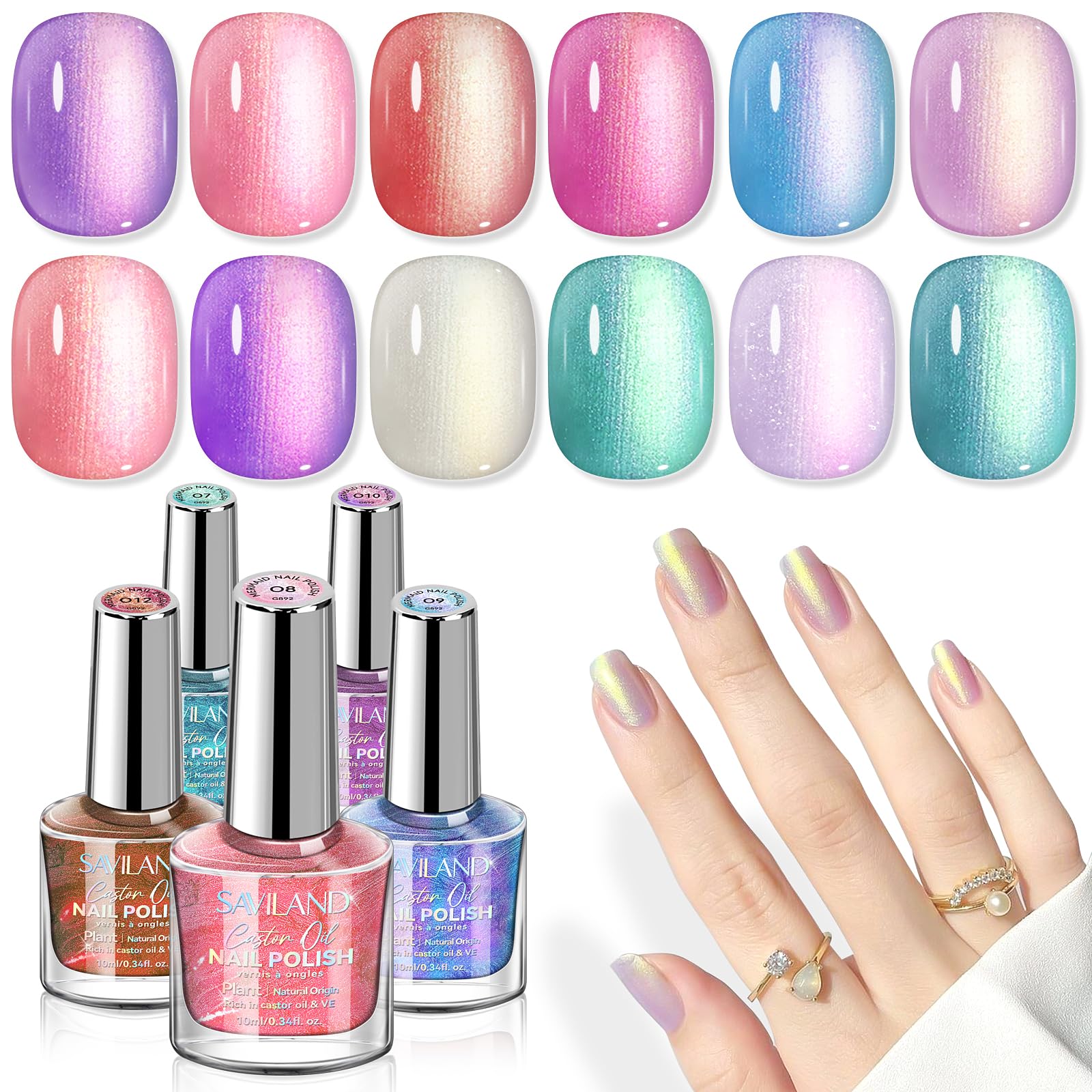 SAVILAND Pearl Nail Polish Set: Shimmer Glitter Aurora Quick Air Dry Nail Polish White Pink Purple Mermaid 12 Colors with Base and Nail Top Coat Manicure Salon DIY At Home Gift