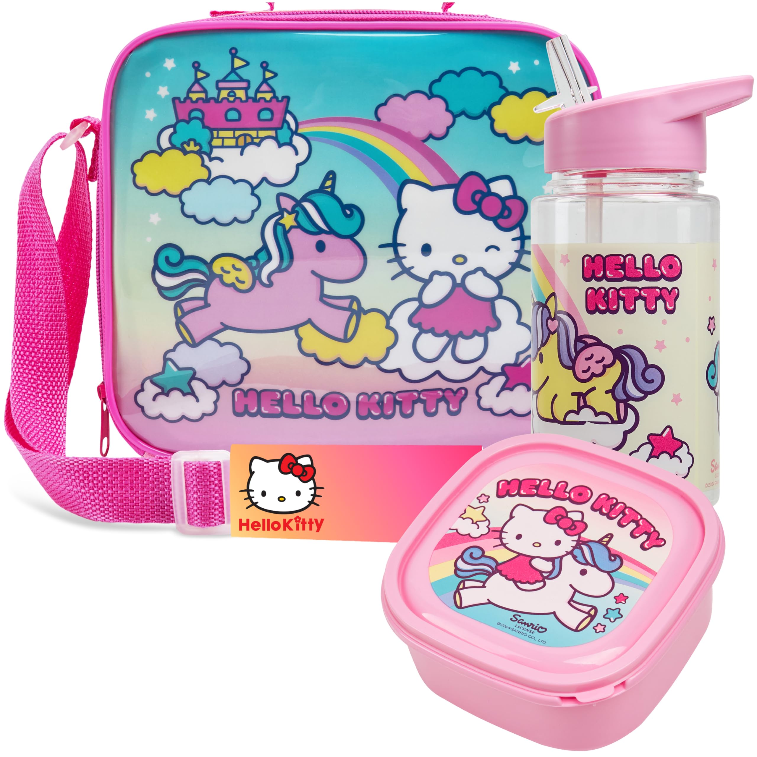 Get Trend Hello Kitty Borsa Porta Pranzo Bambini Set 3 Pz con Senza BPA Porta Merenda 400ml Borraccia Borsa Termica Viaggio Picnic Scuola (Hello Kitty)